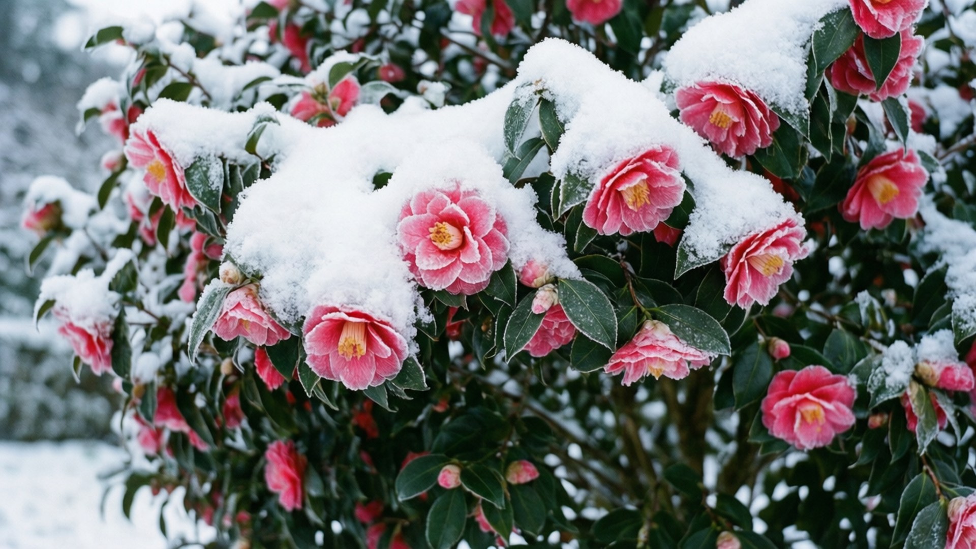 Snow-Kissed Camellia 壁紙 — 粉紅色的山茶花在深綠色葉子上的一層新雪下盛開。