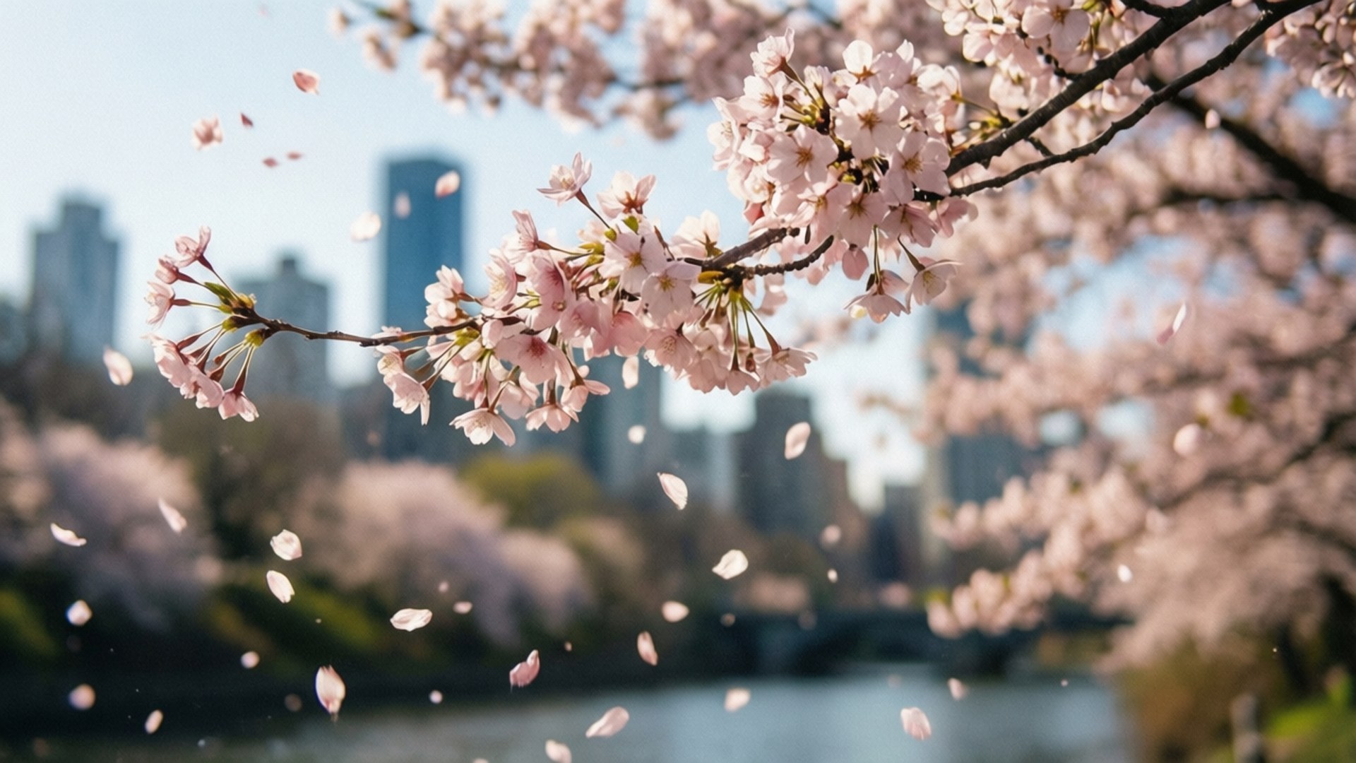 Falling Blossoms City 壁紙 — 粉紅色的櫻花花瓣在河流上空飄揚，背景是模糊的城市天際線。
