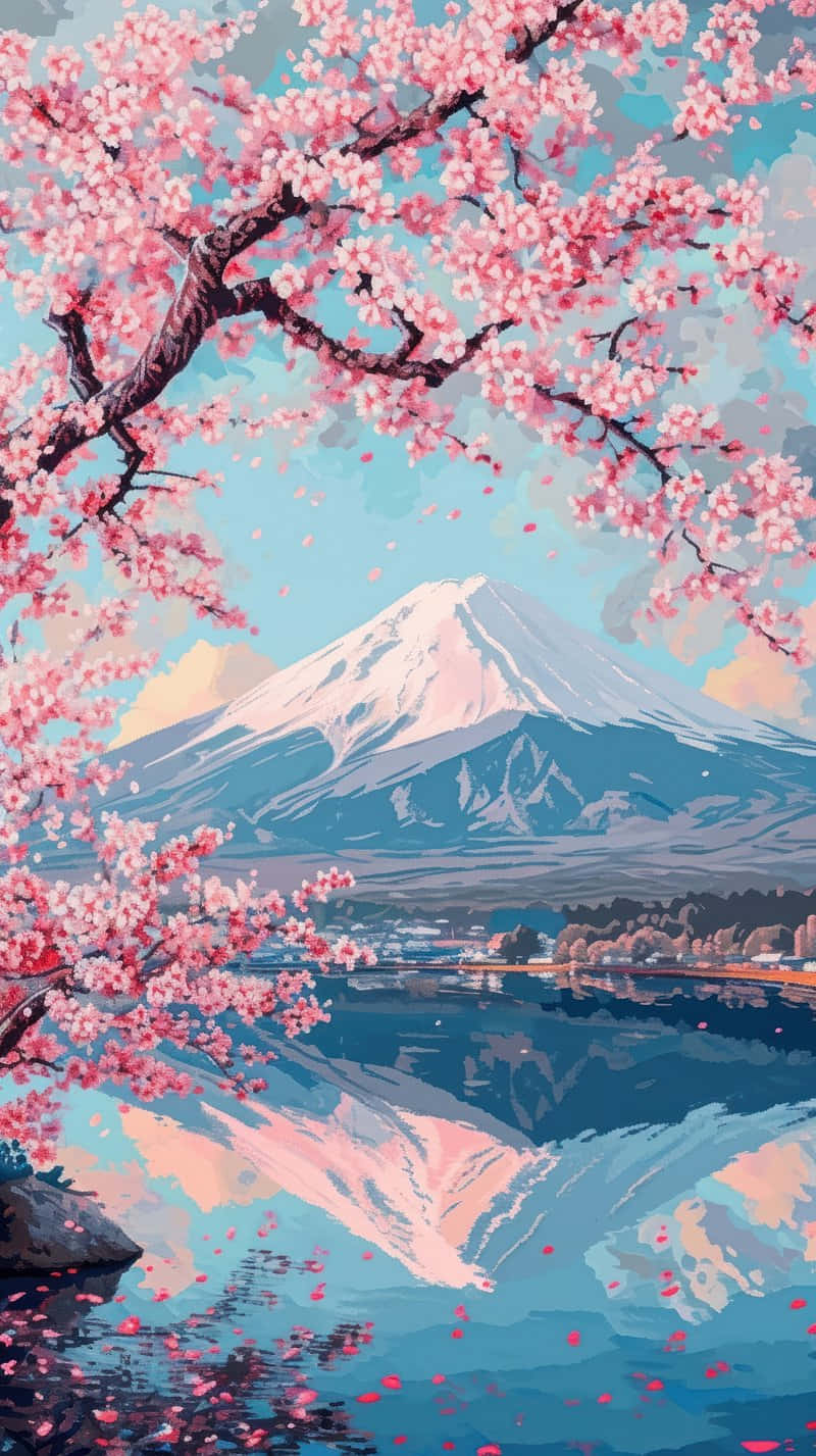  壁紙 — 粉紅色的櫻花環繞著寧靜的湖泊，湖面映照著積雪的富士山，天空柔和湛藍。