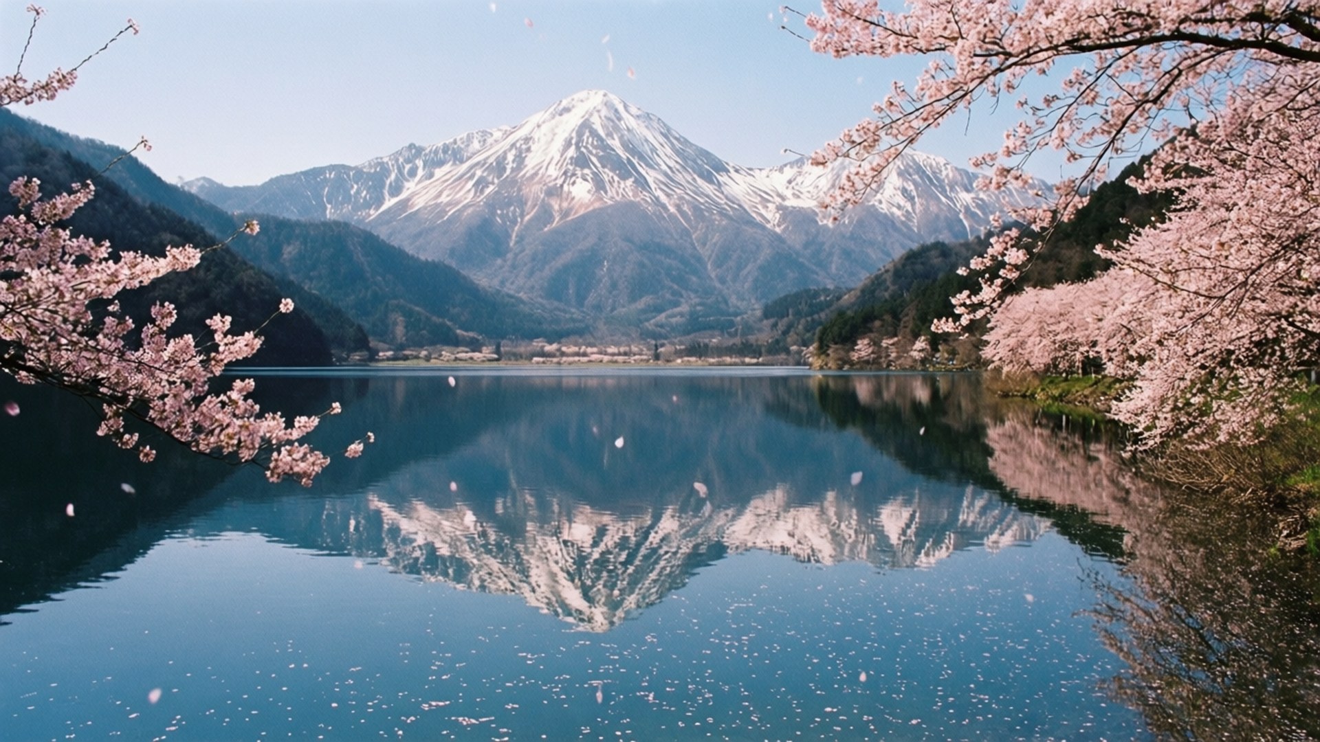 March Mountain Blossoms 壁紙 — 粉紅色的櫻花環繞著寧靜的湖泊，映照著藍天白雲下的雪山。