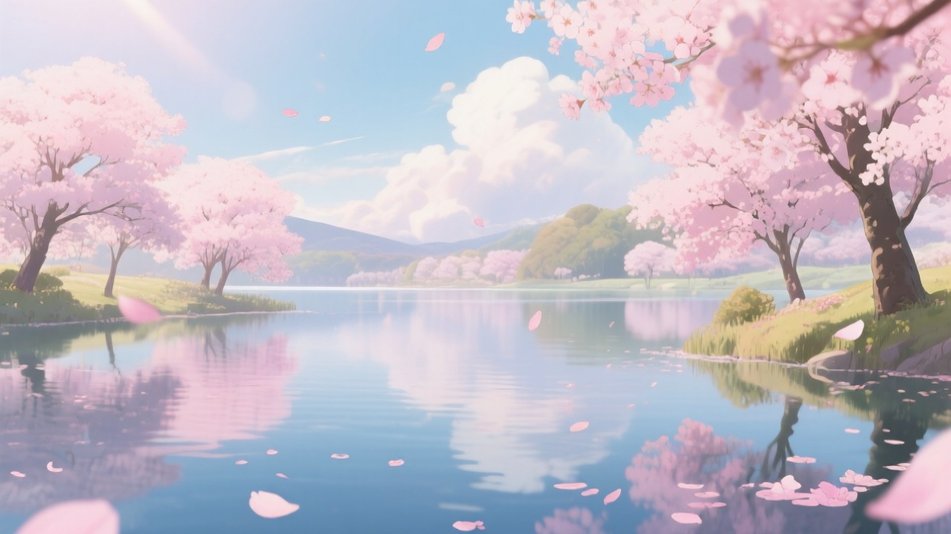 Cherry Blossom Lake 壁紙 — 粉紅色的櫻花在平靜的湖面上飄蕩，湖面映照著蓬鬆的白雲和遠處的綠色山丘，天空湛藍明亮。