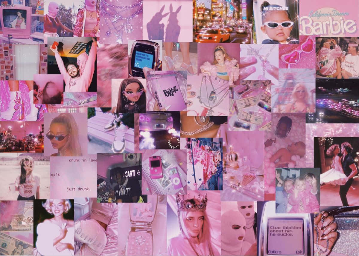 Glitter Barbie Aesthetic 桌布 壁紙 — 一個充滿活力的粉紅色調拼貼畫，包含流行文化偶像、時尚配飾和懷舊科技產品，營造出夢幻的 Barbiecore 美學。