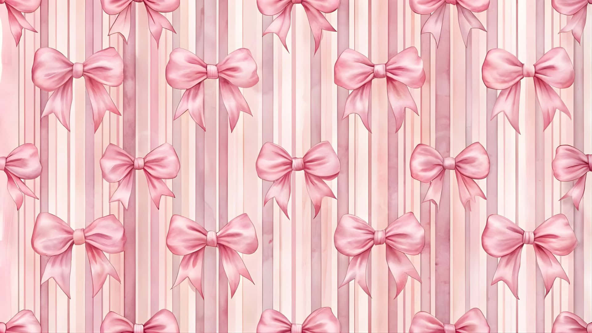  壁紙 — 粉紅色緞帶蝴蝶結在柔和的垂直條紋上優雅飄浮，形成甜美的粉彩水彩圖案。