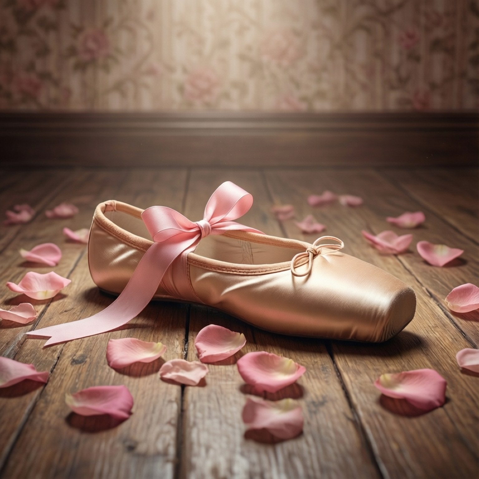Ballet Slipper Still 壁紙 — 一隻粉紅色緞面芭蕾舞鞋，帶有蝴蝶結，放在木地板上，周圍散落著玫瑰花瓣。