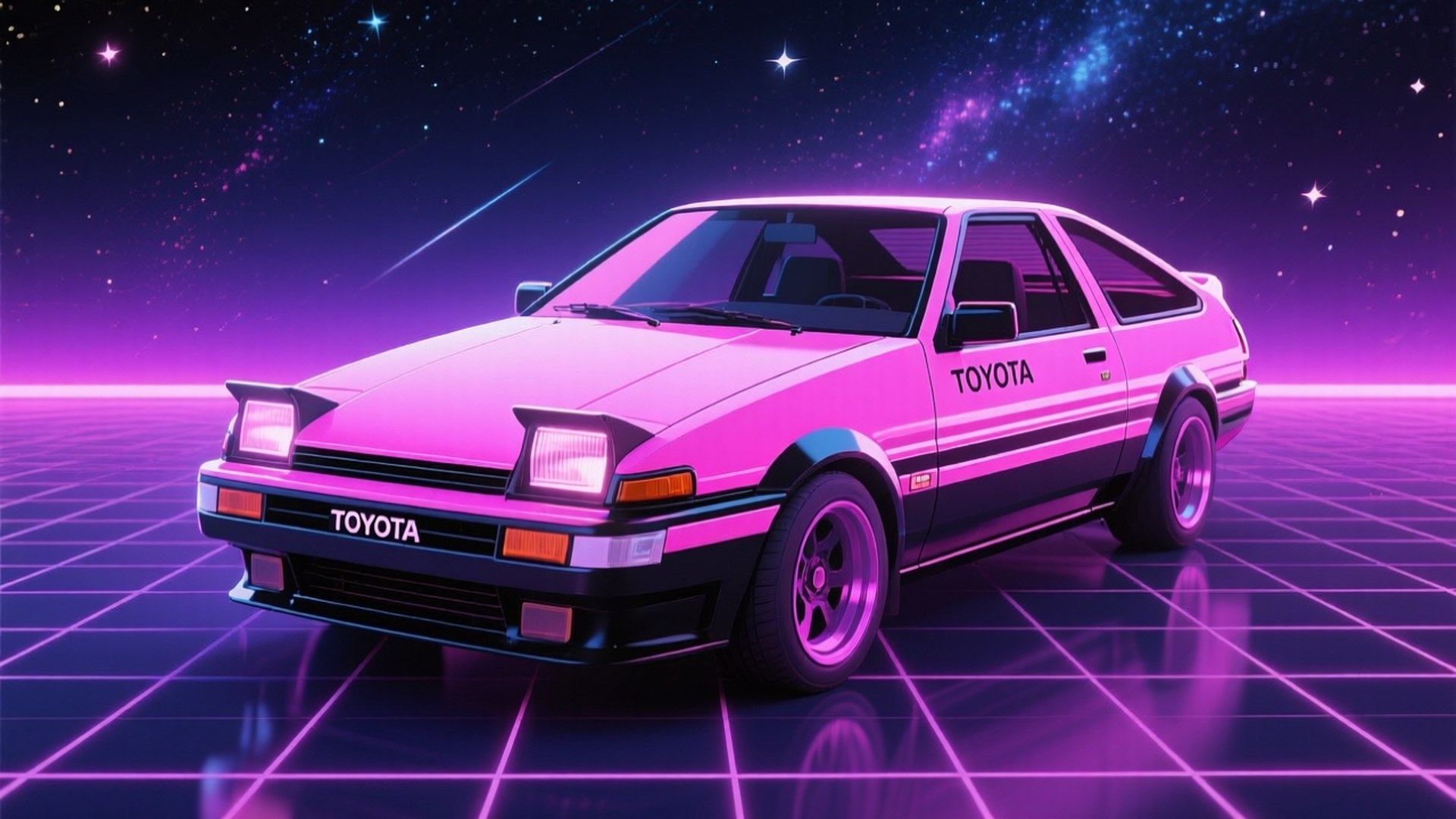 Synthwave Trueno 壁紙 — 一輛粉紅色的豐田AE86跑車在發光的網格上，在霓虹燈下閃耀，背景是繁星點點的紫色夜空。