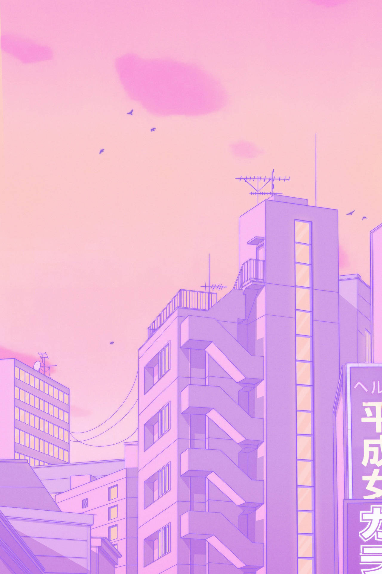 動漫城市景觀，粉紅色和紫色的建築物和天空中的飛鳥。 — Pastel 壁紙