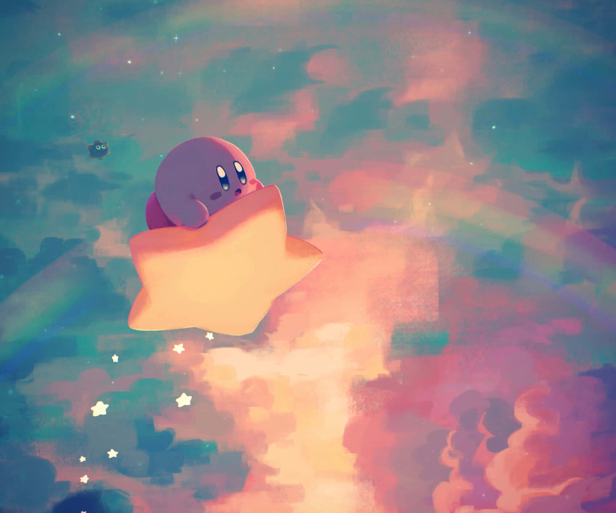粉紅色 Kirby 騎著發光星星穿過色彩繽紛的夢幻天空，有柔軟雲朵和星星。 — 卡比 壁紙