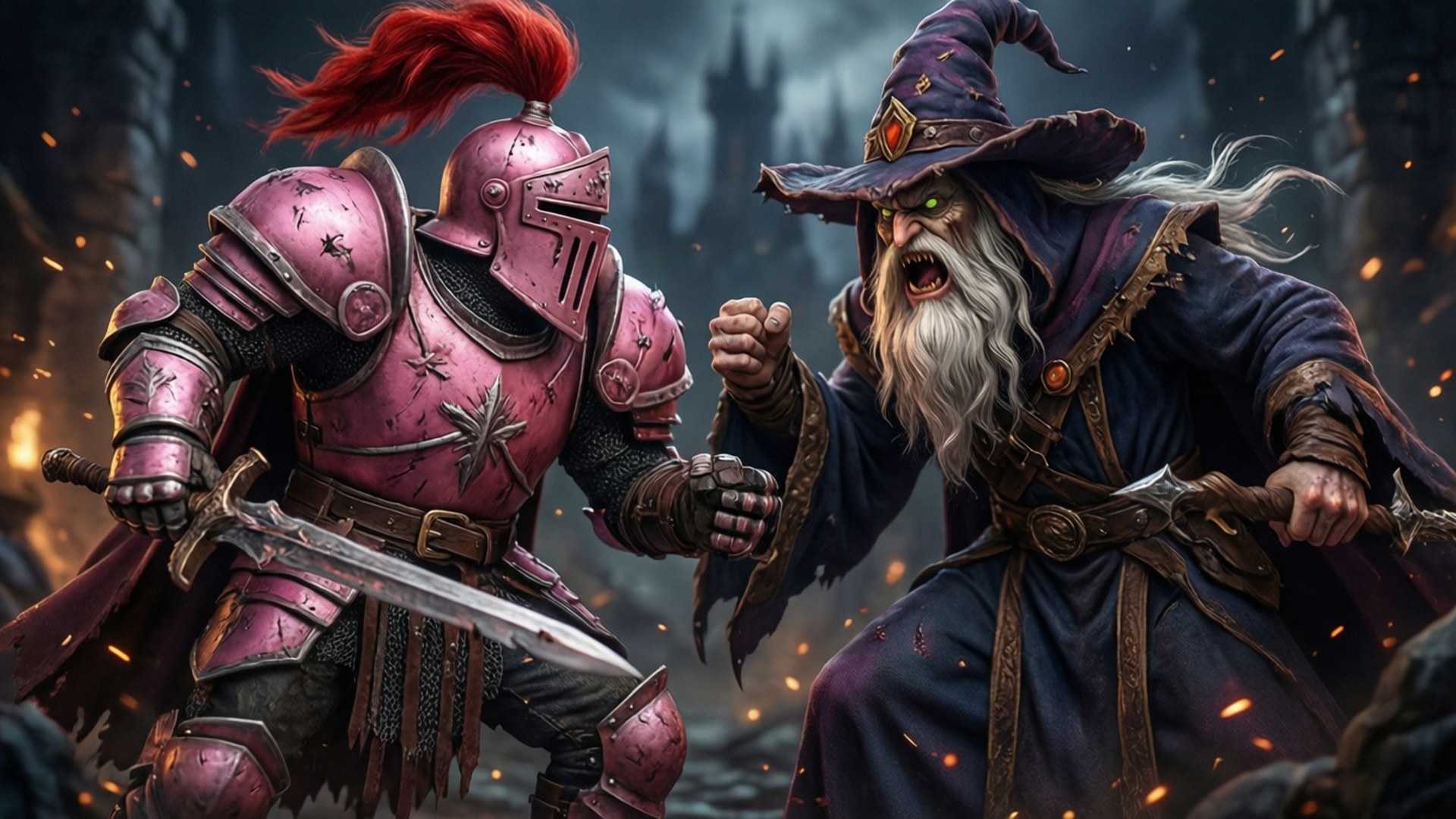 Pink Knight vs Wizard 壁紙 — 一位身穿粉紅色盔甲、戴著紅色羽毛的騎士，在熾熱的火花和哥德式廢墟中與一位身穿黑袍、咆哮的巫師發生衝突。