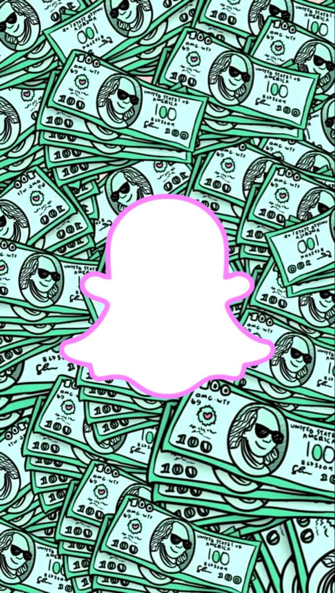  壁紙 — 粉紅色輪廓的 Snapchat 鬼魂標誌漂浮在綠色卡通百元鈔票的海洋上，鈔票上有笑臉。