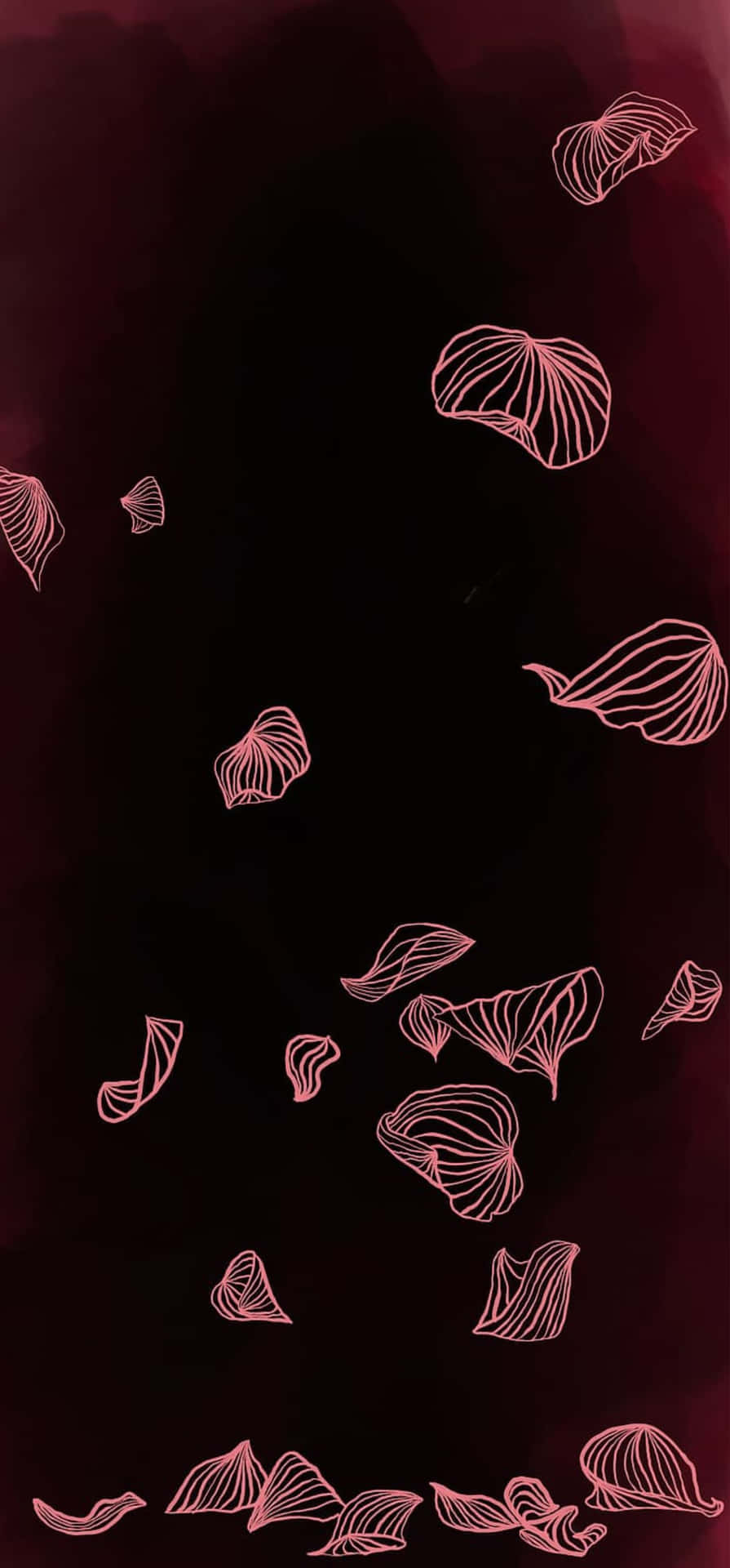  壁紙 — 粉紅色輪廓花瓣在深栗色漸變背景上飄浮的極簡數位插圖。