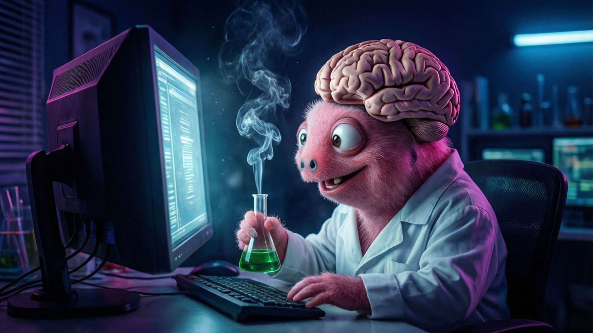 Brain's Late Experiment 壁紙 — 一個粉紅色毛茸茸、頭部是大腦的生物，在昏暗的實驗室裡微笑著拿著一個冒煙的綠色燒杯。