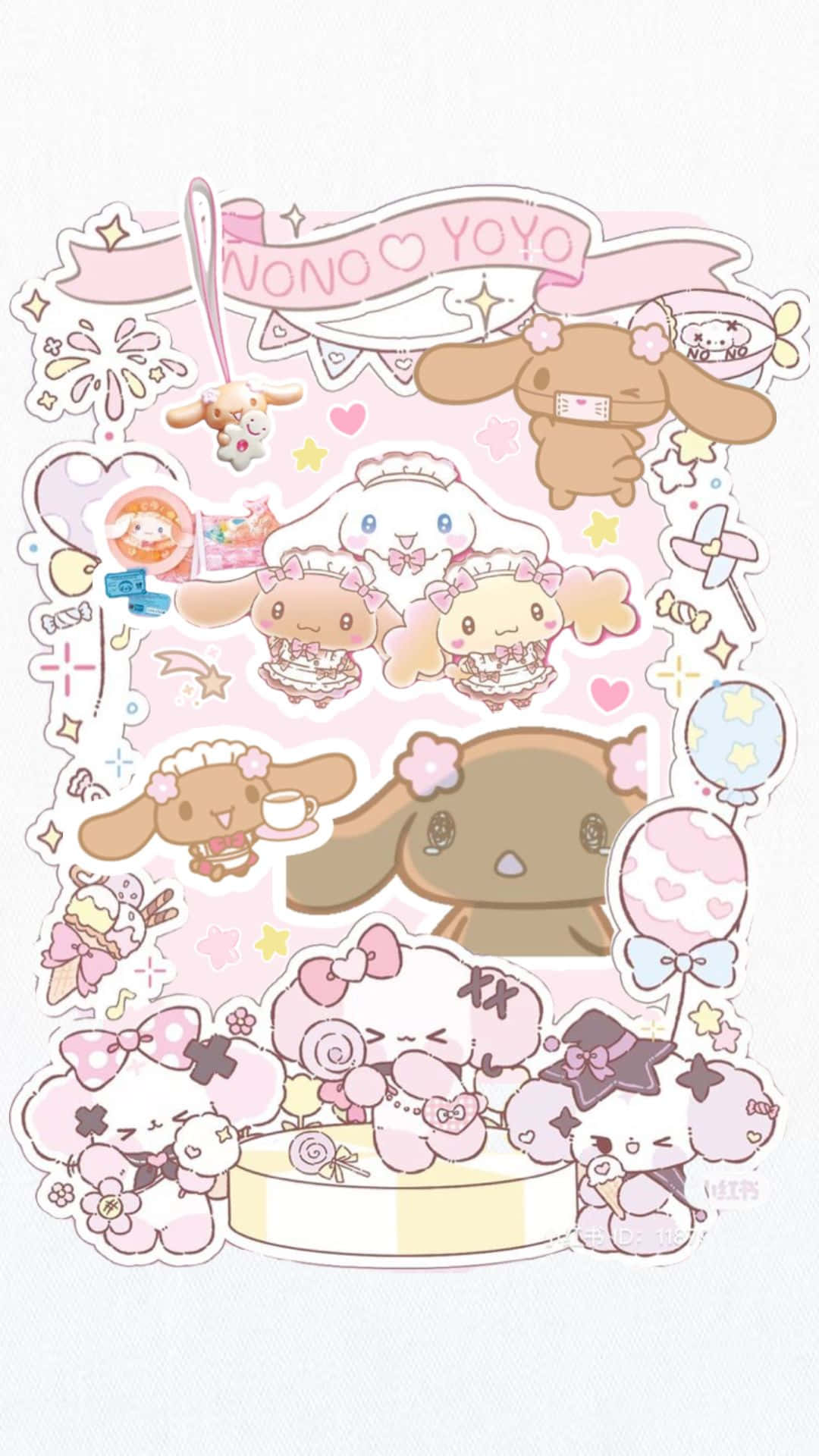  壁紙 — 粉紅色柔和拼貼畫，包含 Cinnamoroll 和 My Melody 等可愛 Sanrio 角色，以貼紙風格呈現，配有蝴蝶結、愛心和氣球。