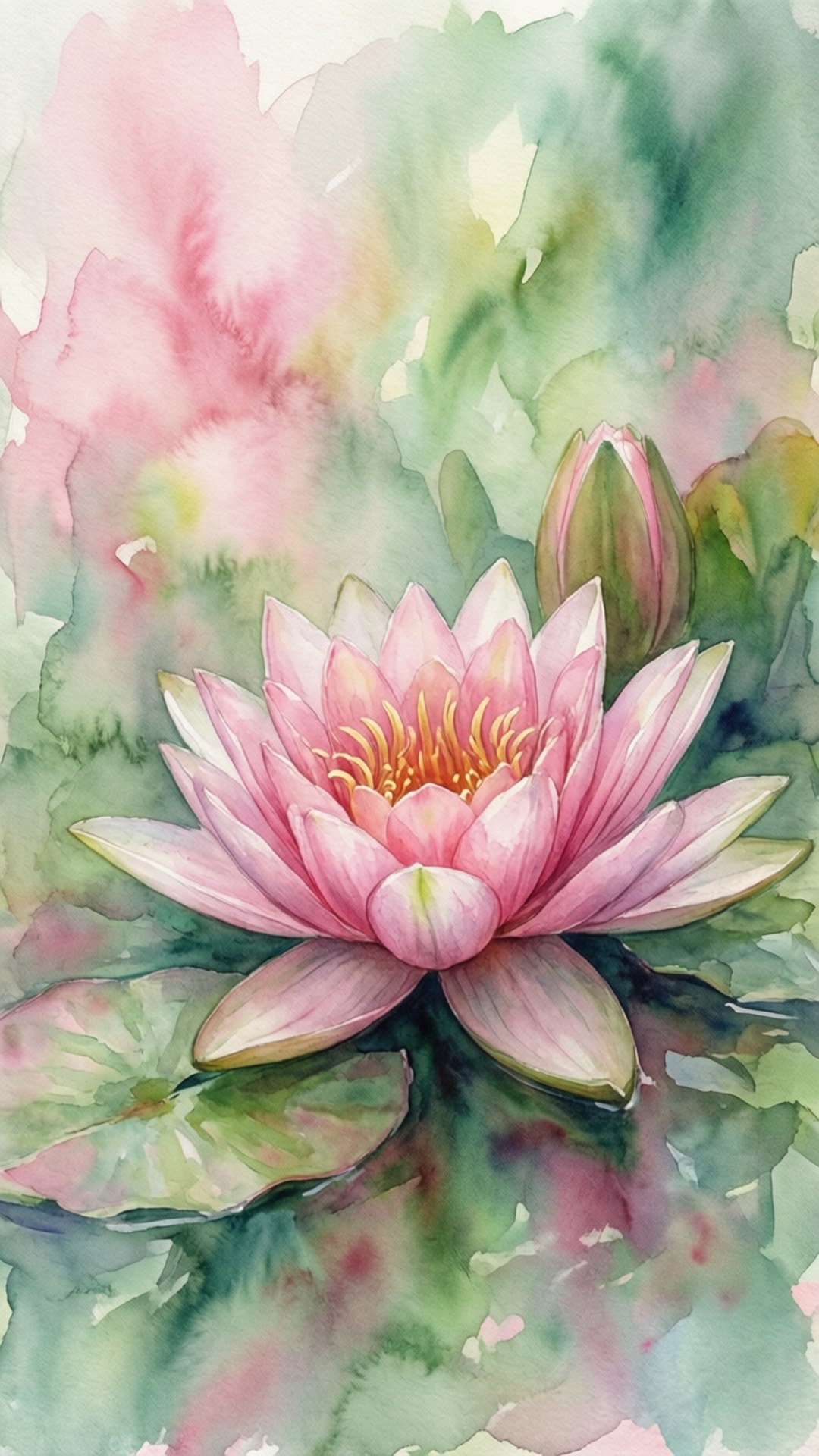 Water Lily 桌布 壁紙 — 一朵精緻的粉紅色睡蓮在池塘上優雅地綻放，周圍環繞著柔軟的綠色荷葉和柔和的水彩洗滌。