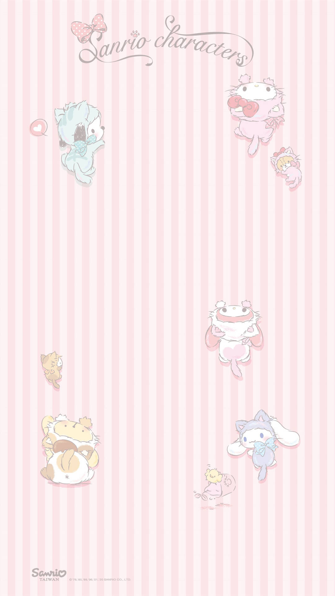 Sanrio角色在粉紅色條紋背景上飄浮，可愛卡通風格。 — Sanrio 壁紙