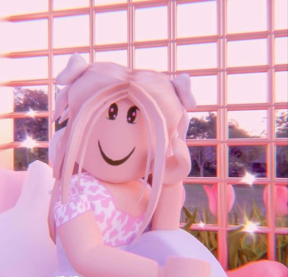 粉紅色頭髮的Roblox頭像在窗邊微笑，伴有鬱金香和閃光。 — Roblox 壁紙