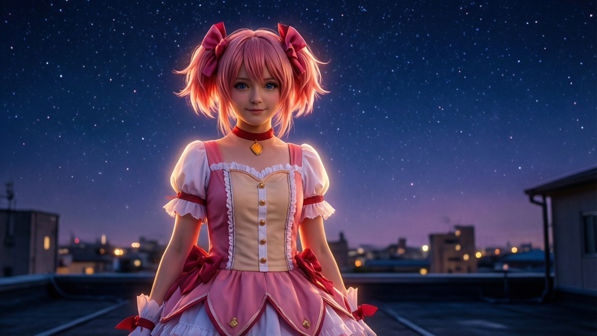 Starry Night Madoka 壁紙 — 一位粉紅色頭髮的動漫女孩穿著粉紅色和白色的連衣裙，站在屋頂上，星空下，遠處有城市燈光。