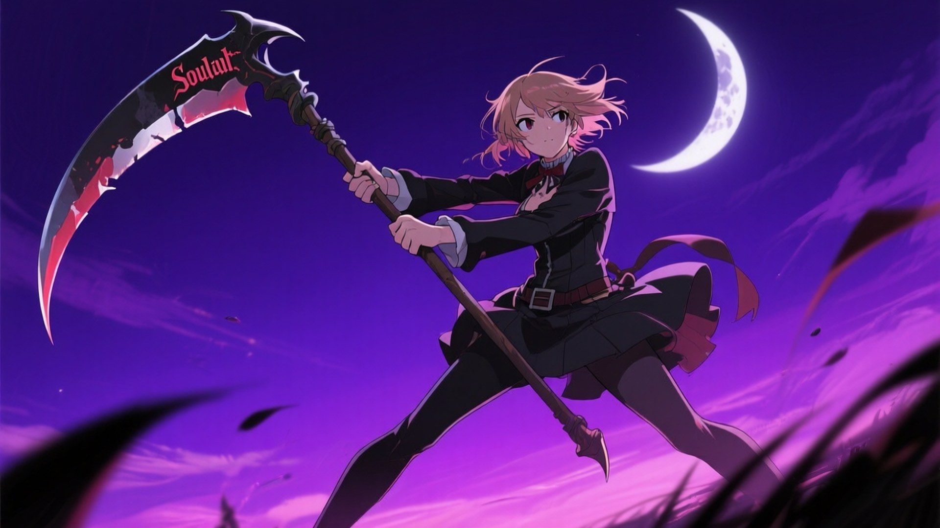 Maka and Soul Night Sky 壁紙 — 一個粉紅色頭髮的動漫女孩穿著黑色制服，在帶有新月的紫色天空中揮舞著標有Soul Eater的鐮刀。