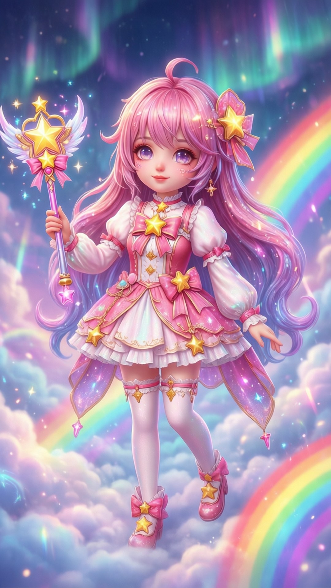 Magical Star Girl 壁紙 — 一位粉紅色頭髮的動漫女孩穿著星星主題的連衣裙漂浮在雲端之上，手持發光的星星魔杖，身後有彩虹和極光。