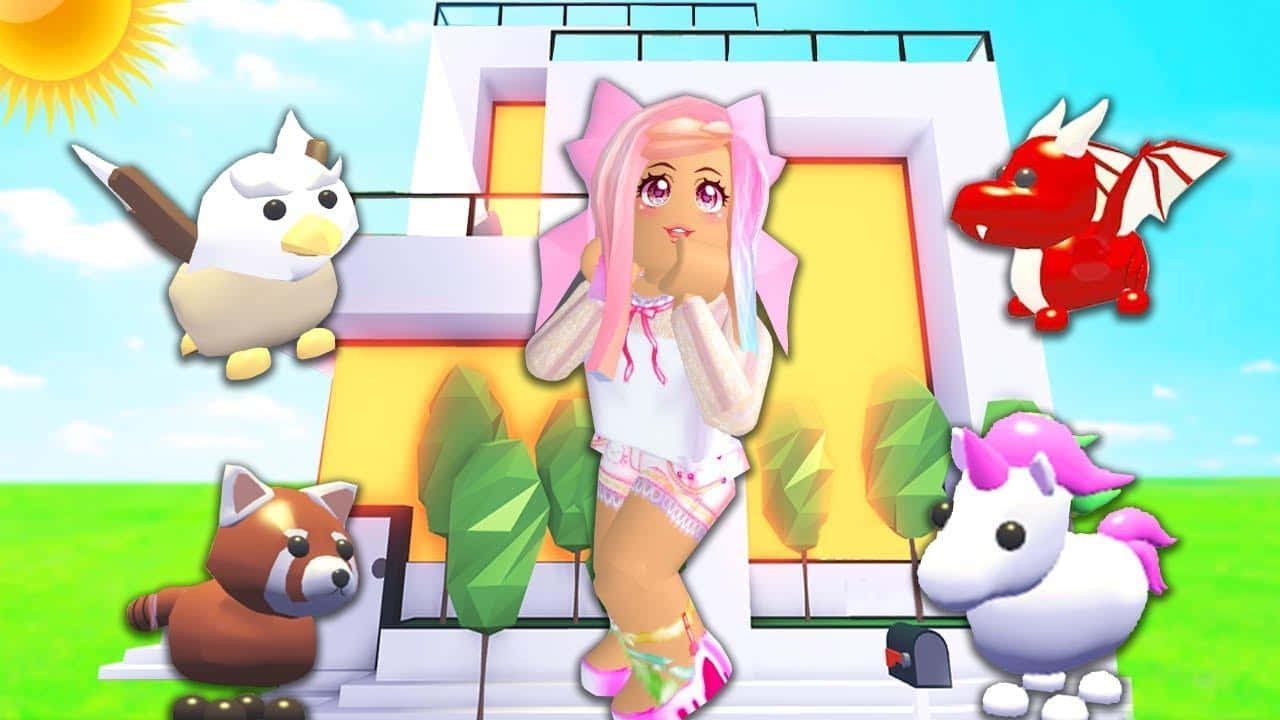 粉紅色頭髮的動漫女孩和動物夥伴們站在現代房屋前，天空晴朗。 — Roblox 壁紙