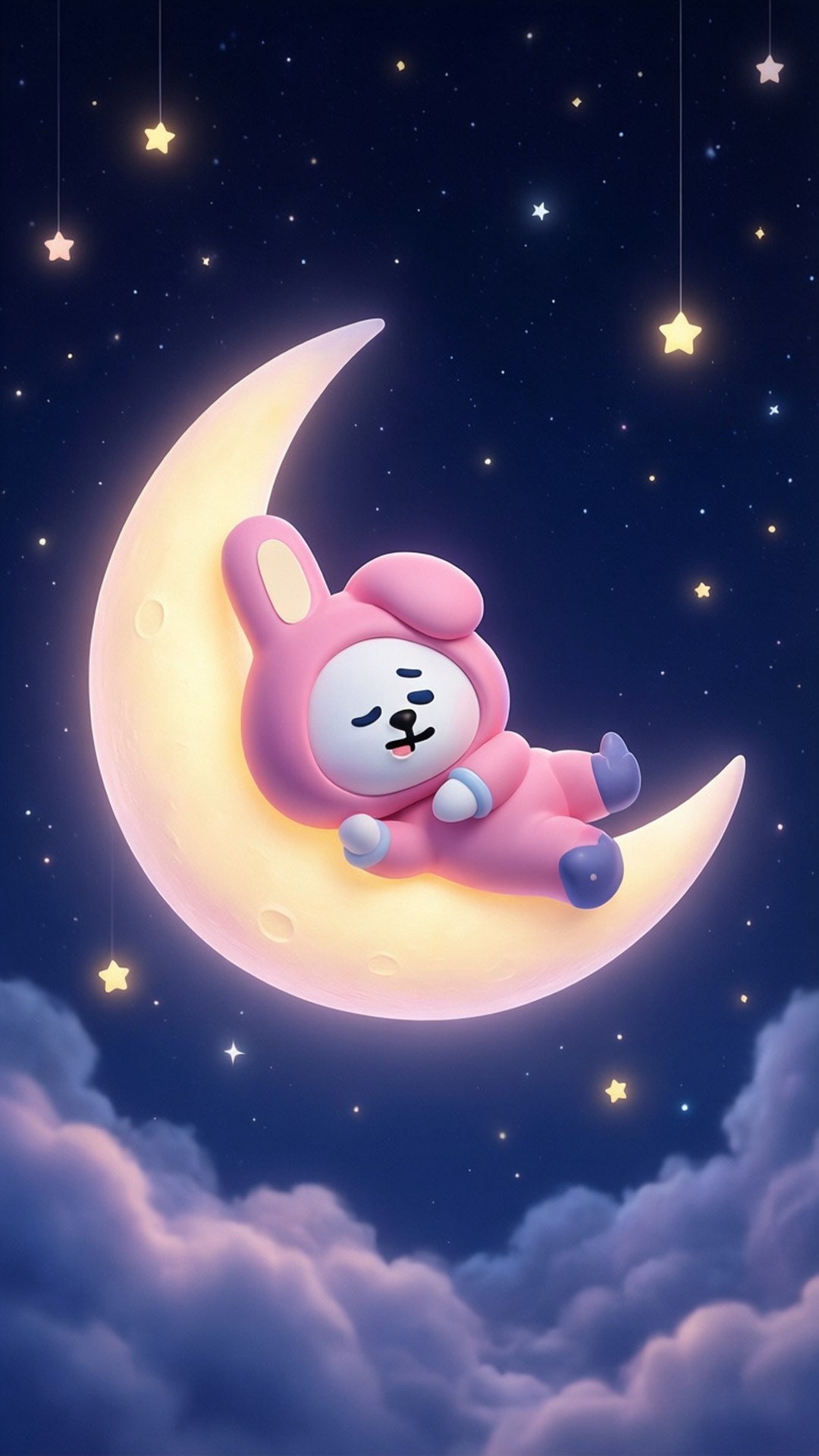 Moonlit Chimmy Dream 壁紙 — 一隻粉紅色兔子毛絨玩具在閃爍星星和柔軟紫色雲朵包圍的發光新月上安詳地睡覺。