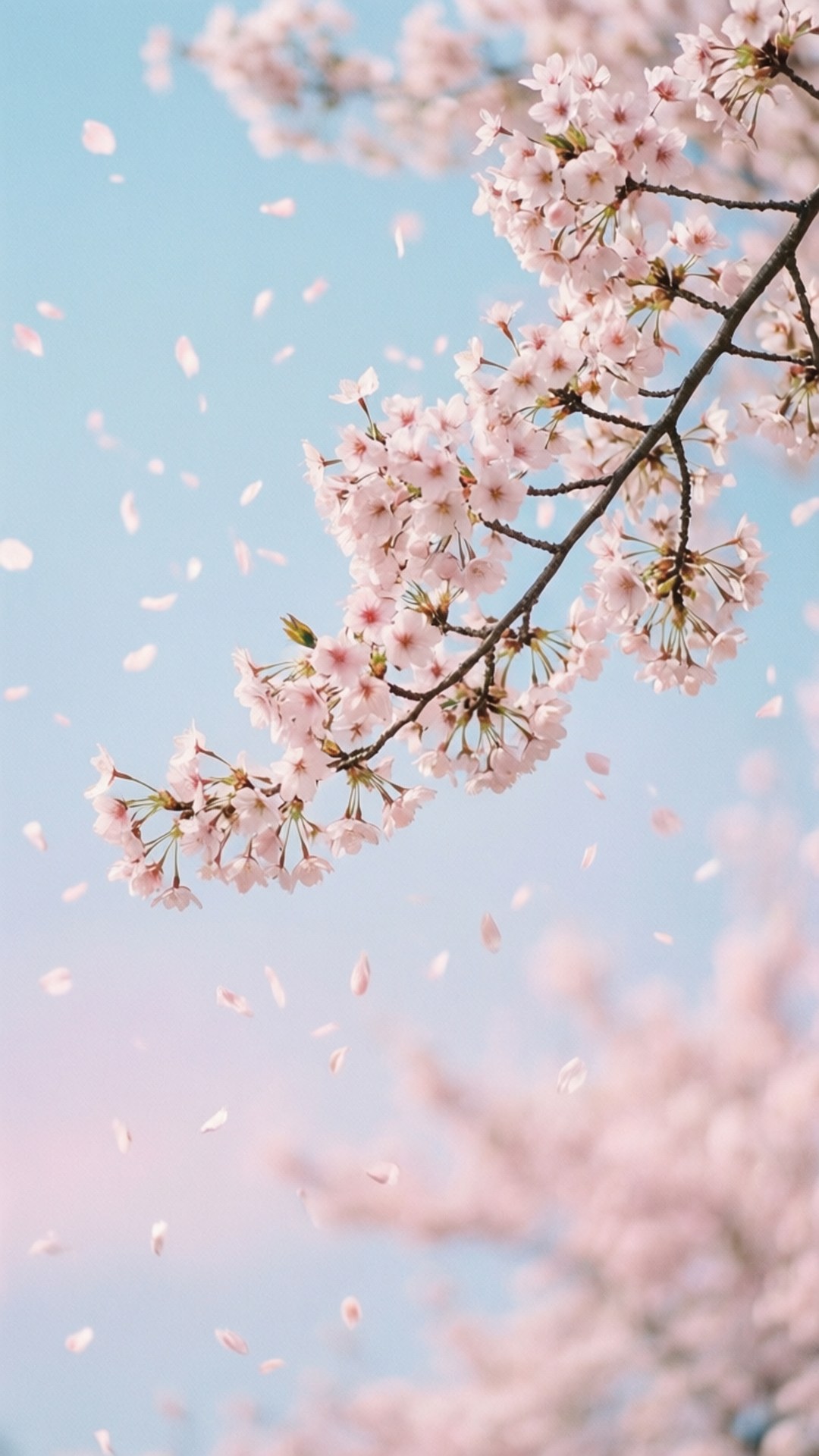 Cherry Blossom Sky 壁紙 — 粉紅色的櫻花在樹枝上盛開，襯著柔和的藍天，花瓣輕輕飄落。