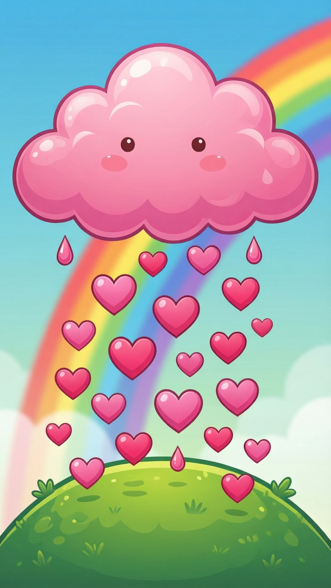 Heart Rain Cloud 壁紙 — 一朵開心的粉紅色卡通雲，臉頰紅潤，在 vibrant 彩虹下的綠色山丘上灑下粉紅色的心形。