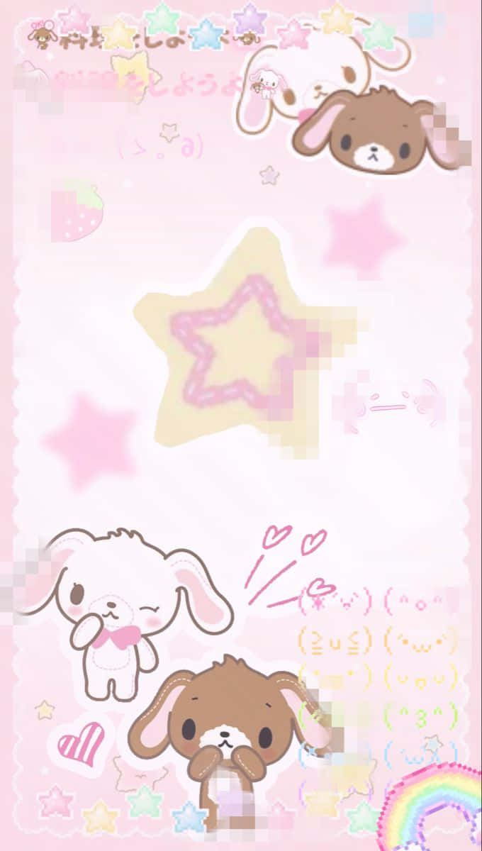  壁紙 — 粉紅色桌布，帶有可愛卡通狗、星星、愛心和彩虹，以夢幻的 Kawaii 風格呈現。