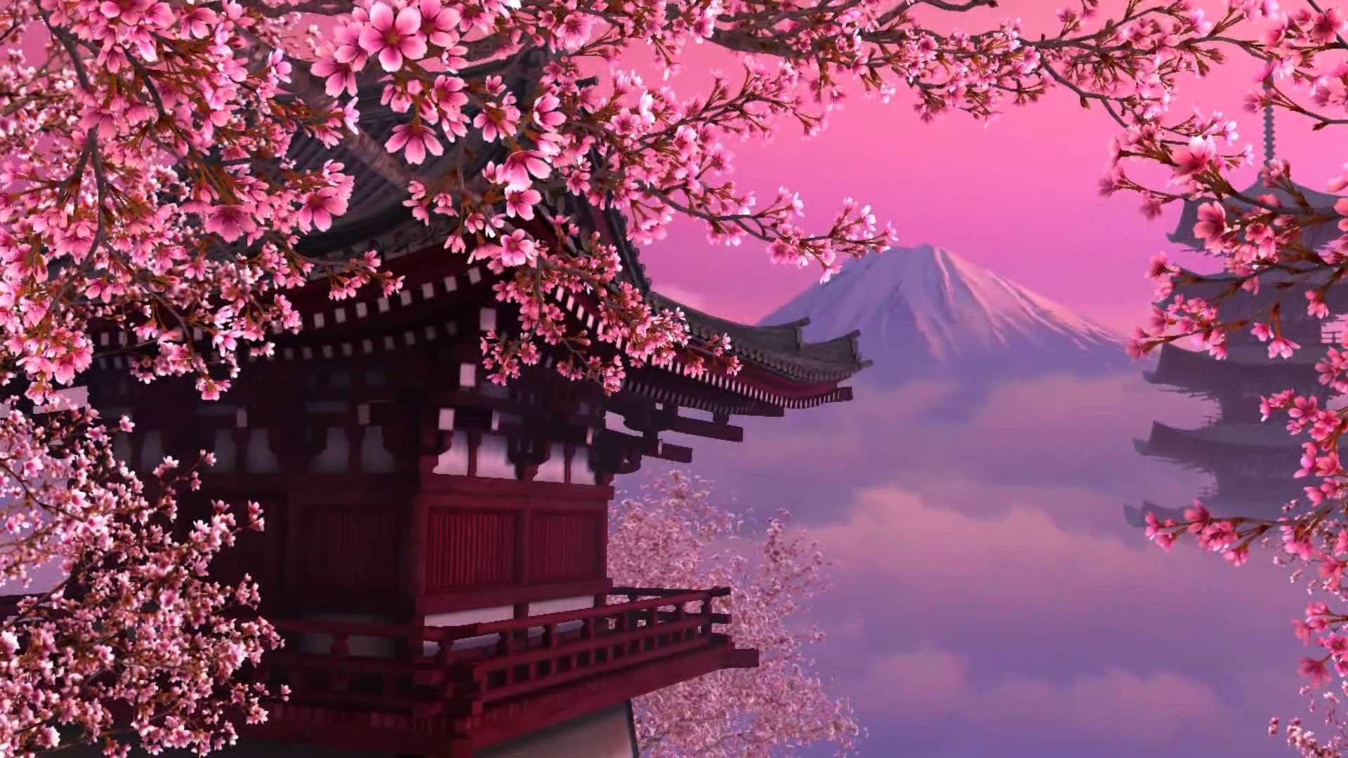 粉紅櫻花環繞著傳統日本寺廟，背景有富士山。 — 日本櫻花 壁紙
