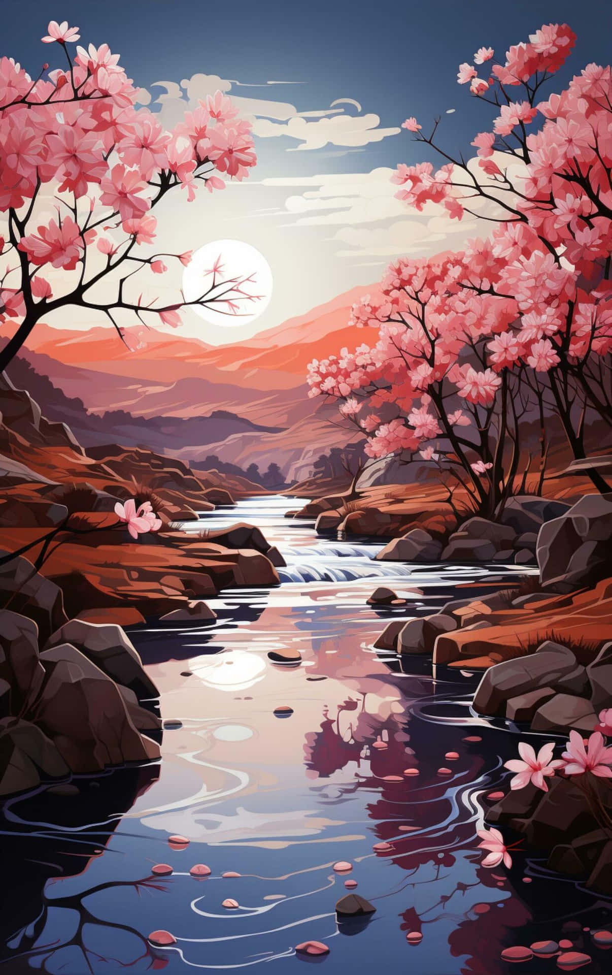 壁紙 — 粉紅櫻花框住一條在月光下流經岩石地形的寧靜河流。