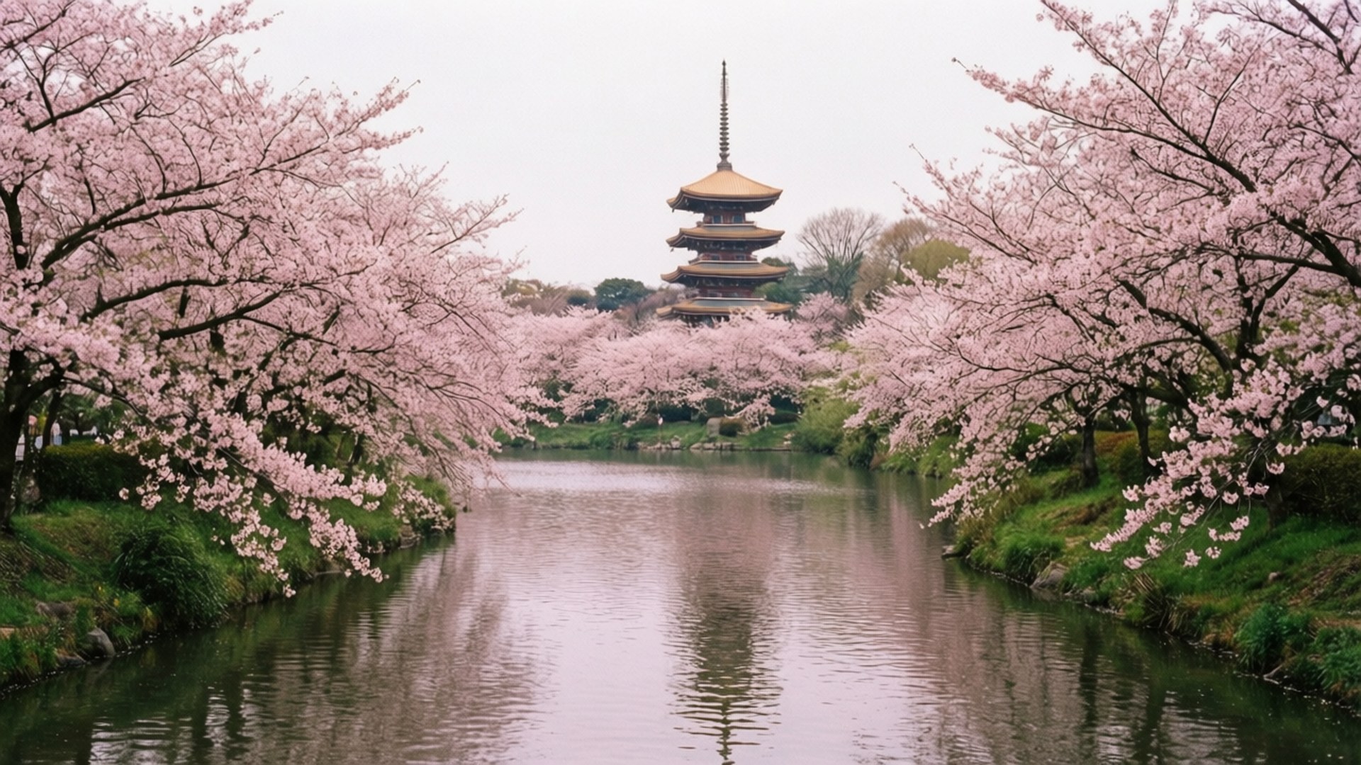 Cherry Blossom River 壁紙 — 粉紅櫻花排列在平靜的河邊，通往傳統日本寶塔，天空多雲。