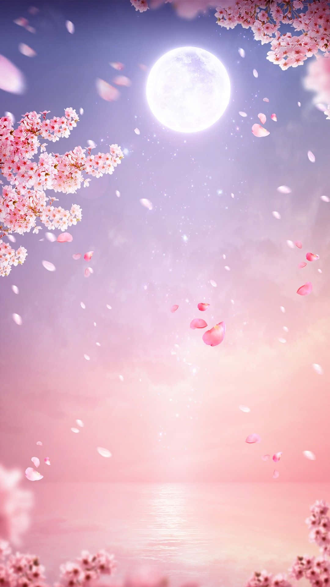  壁紙 — 粉紅櫻花在明亮的滿月下，飄浮在平靜的粉紅色水面上。