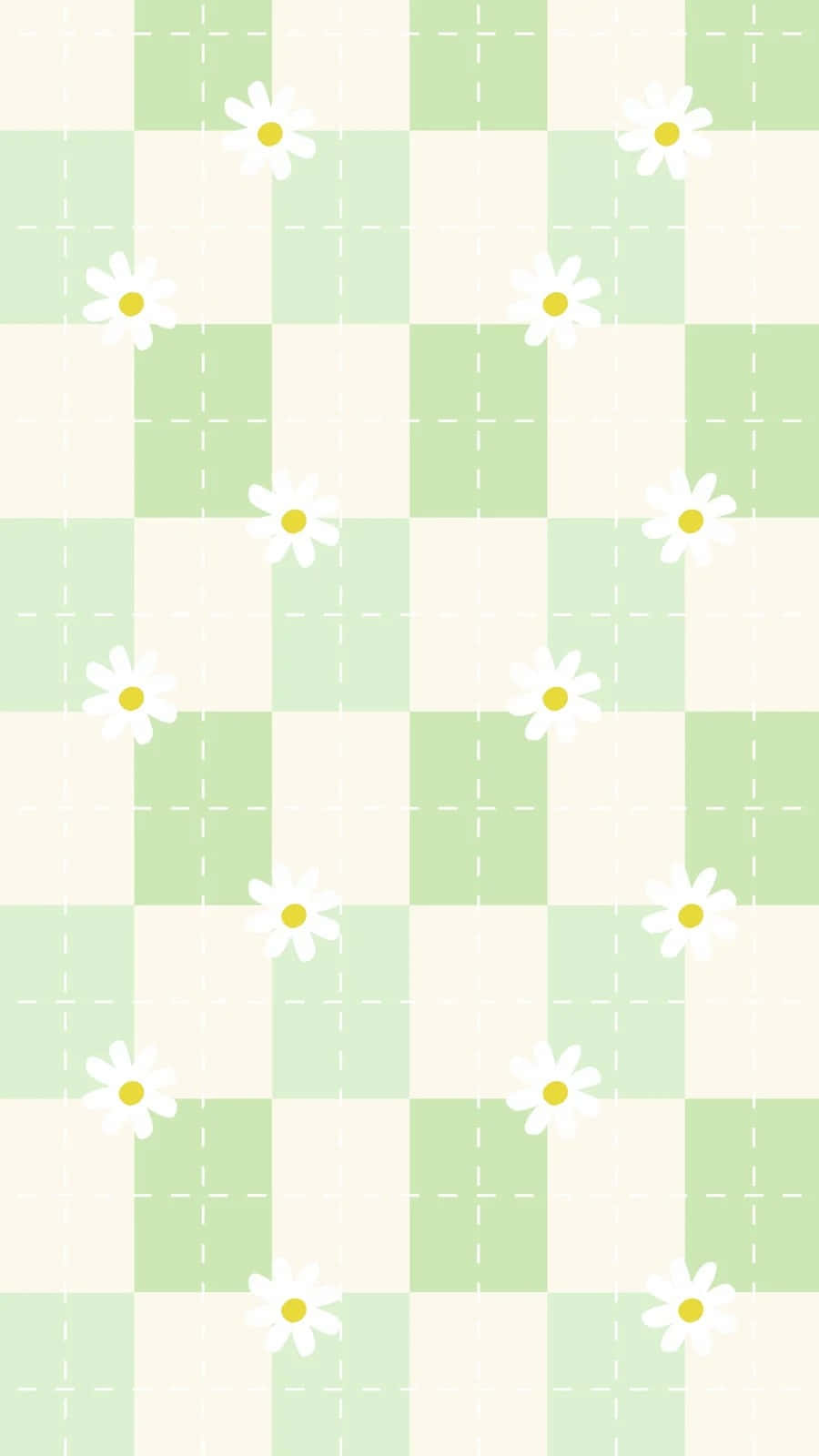  壁紙 — 一個粉綠色和奶油色的棋盤圖案，點綴著散落的白色雛菊，帶有黃色花心。