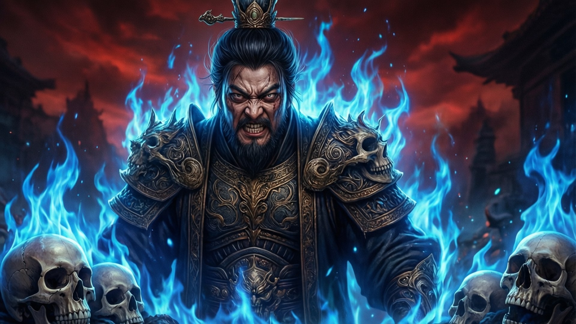 Ghost King's Wrath 壁紙 — 一個憤怒的裝甲戰士，帶有骷髏肩甲，站在藍色火焰和骷髏之間，背景是紅色天空。