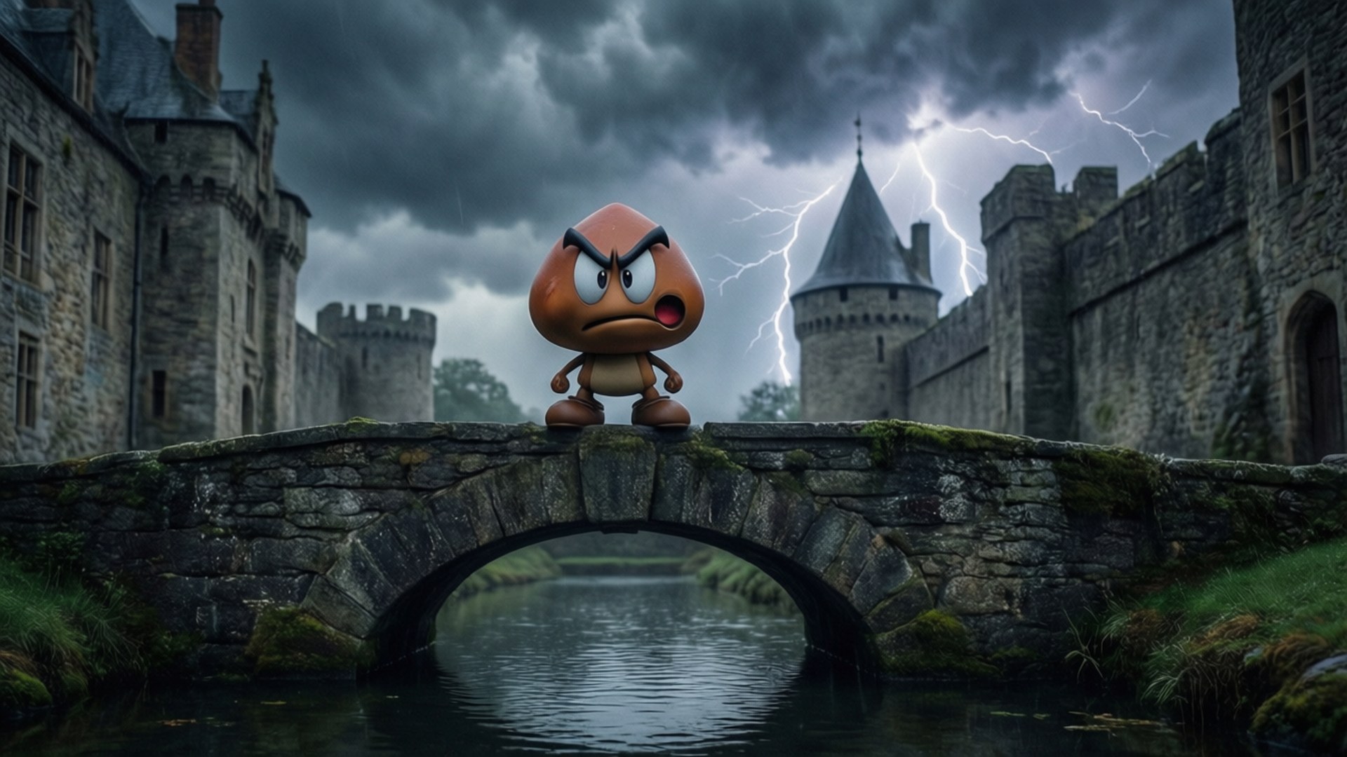 Goomba 桌布 壁紙 — 一個憤怒的Goomba站在長滿青苔的石橋上，閃電在哥德式城堡後方劃過暴風雨的天空。