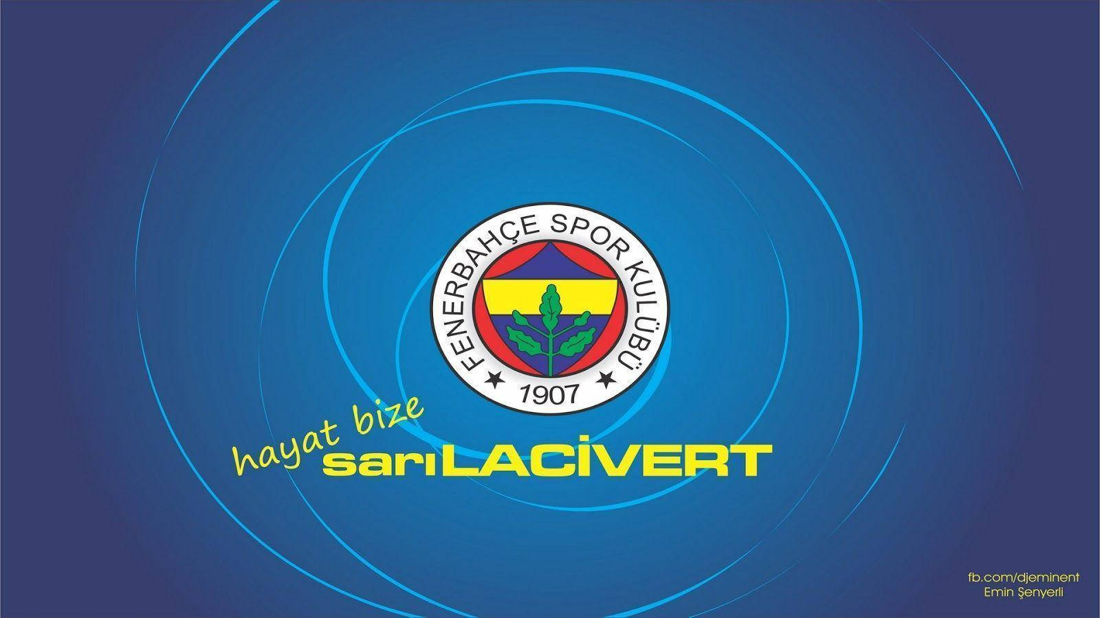 Fenerbahce 桌布 壁紙 — Fenerbahçe Spor Kulübü 標誌居中於藍色漸變背景上，帶有發光的圓形線條和黃色文字 hayat bize sarıLACİVERT。