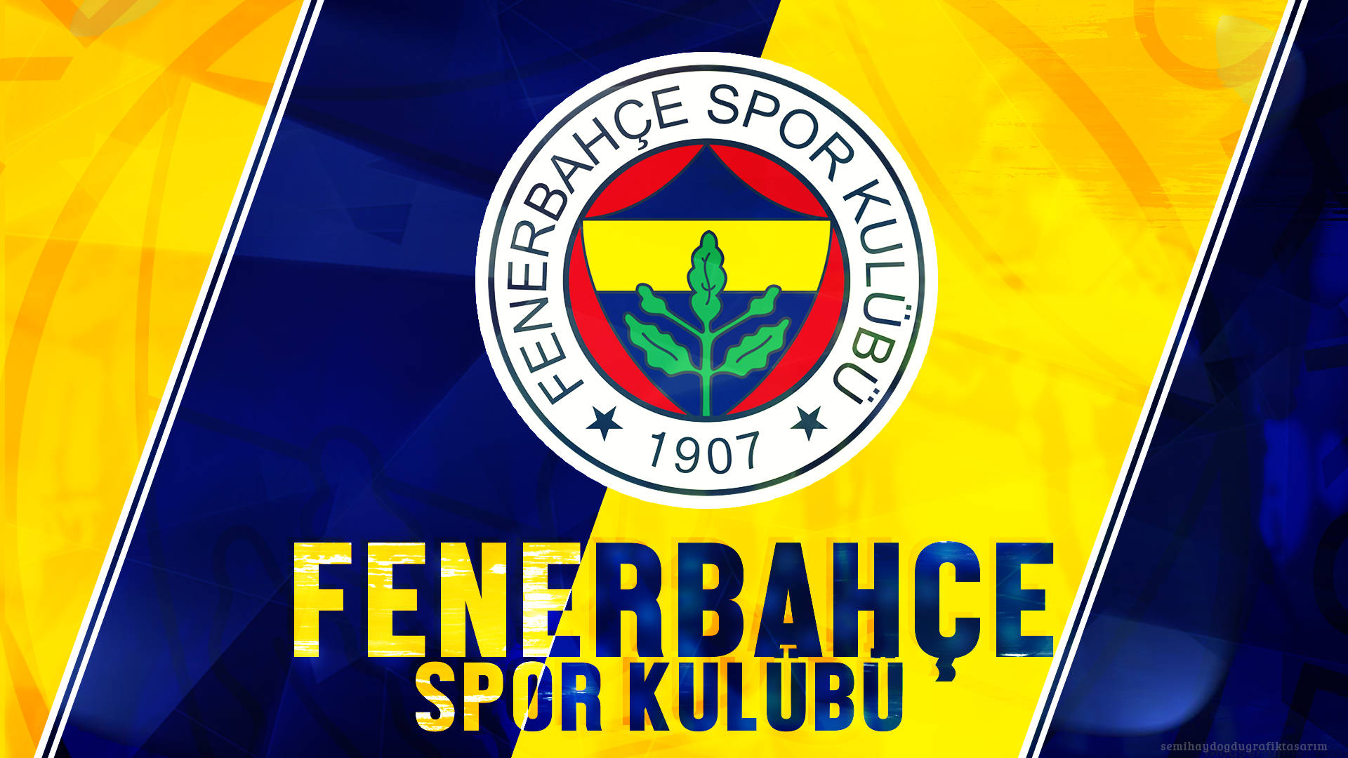 Fenerbahce 桌布 壁紙 — Fenerbahçe Spor Kulübü 標誌居中於大膽的黃色和藍色對角線背景上，下方有球隊名稱。