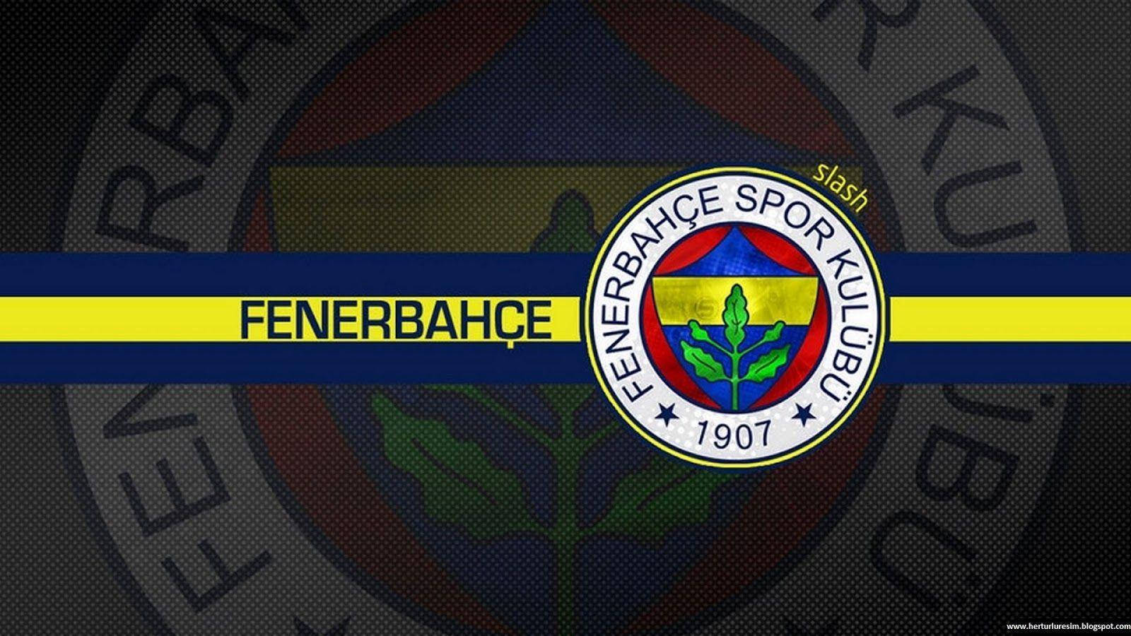 Fenerbahce 桌布 壁紙 — Fenerbahçe Spor Kulübü 標誌居中於深色紋理背景上，帶有鮮明的黃色和藍色條紋。