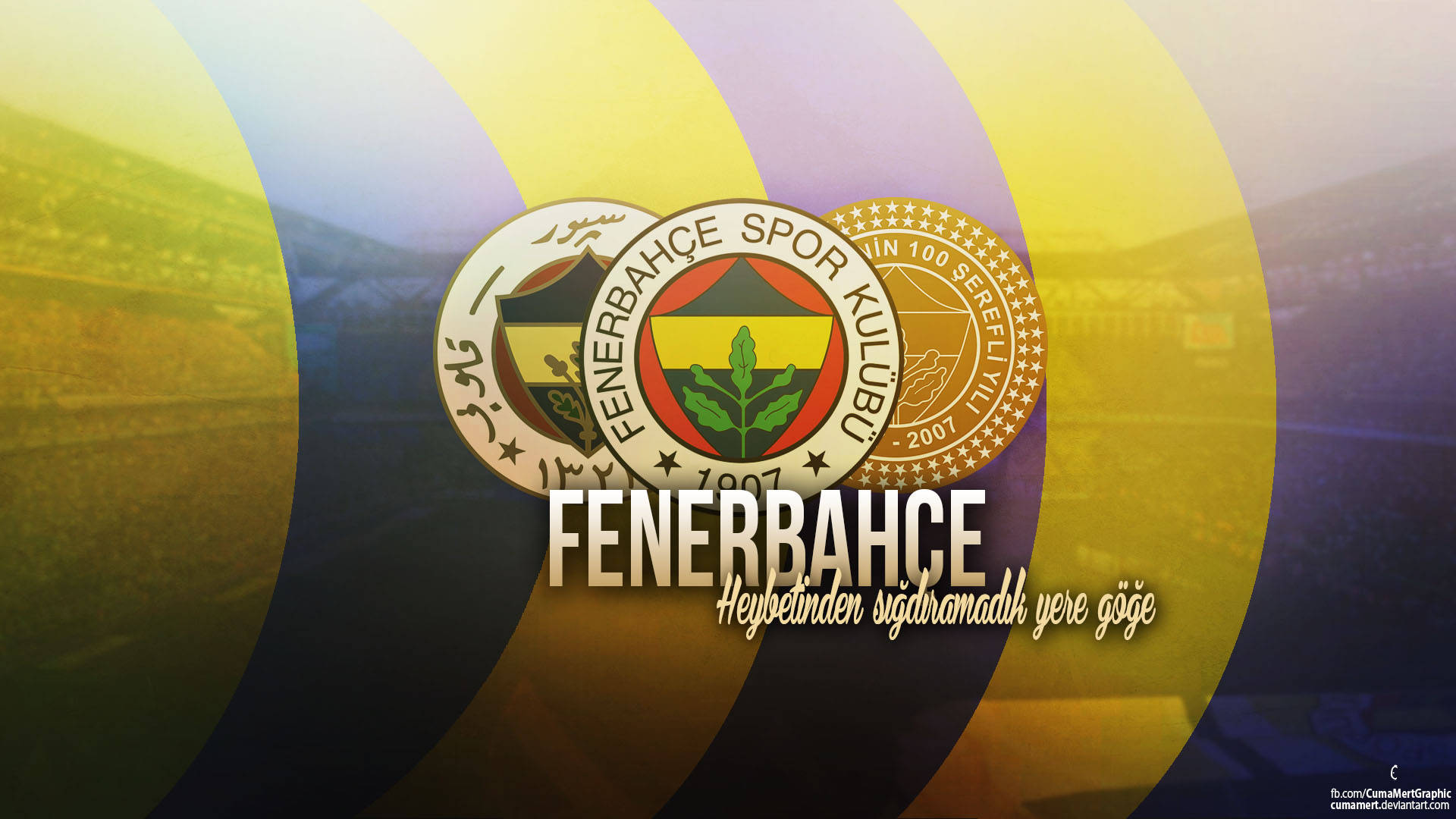 Fenerbahce 桌布 壁紙 — Fenerbahçe Spor Kulübü 標誌居中於體育場背景上，帶有鮮豔的黃色、紫色和藍色放射狀條紋。