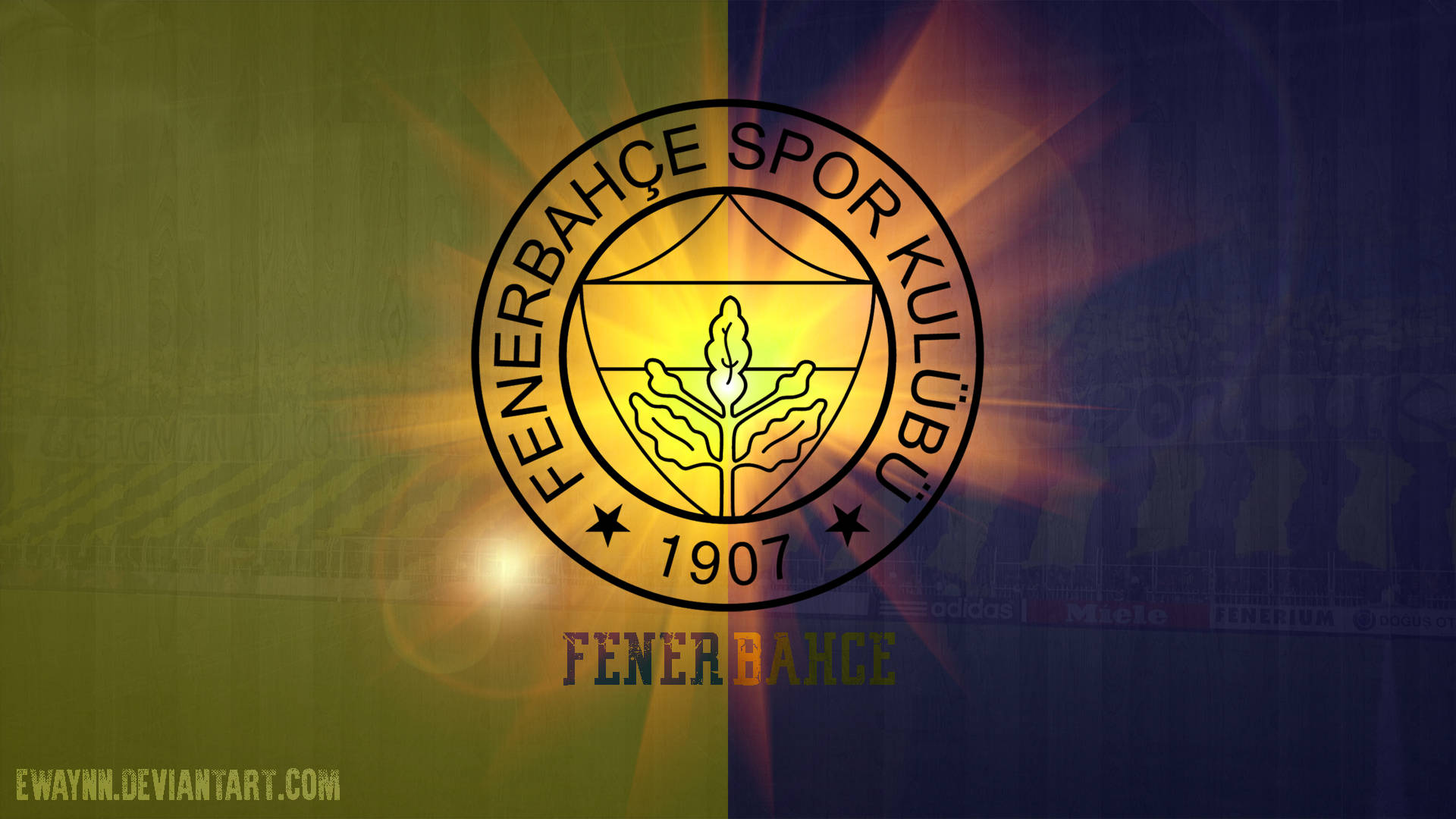 Fenerbahce 桌布 壁紙 — Fenerbahçe Spor Kulübü 標誌居中，帶有燦爛的黃藍漸變背景和球場模糊效果。