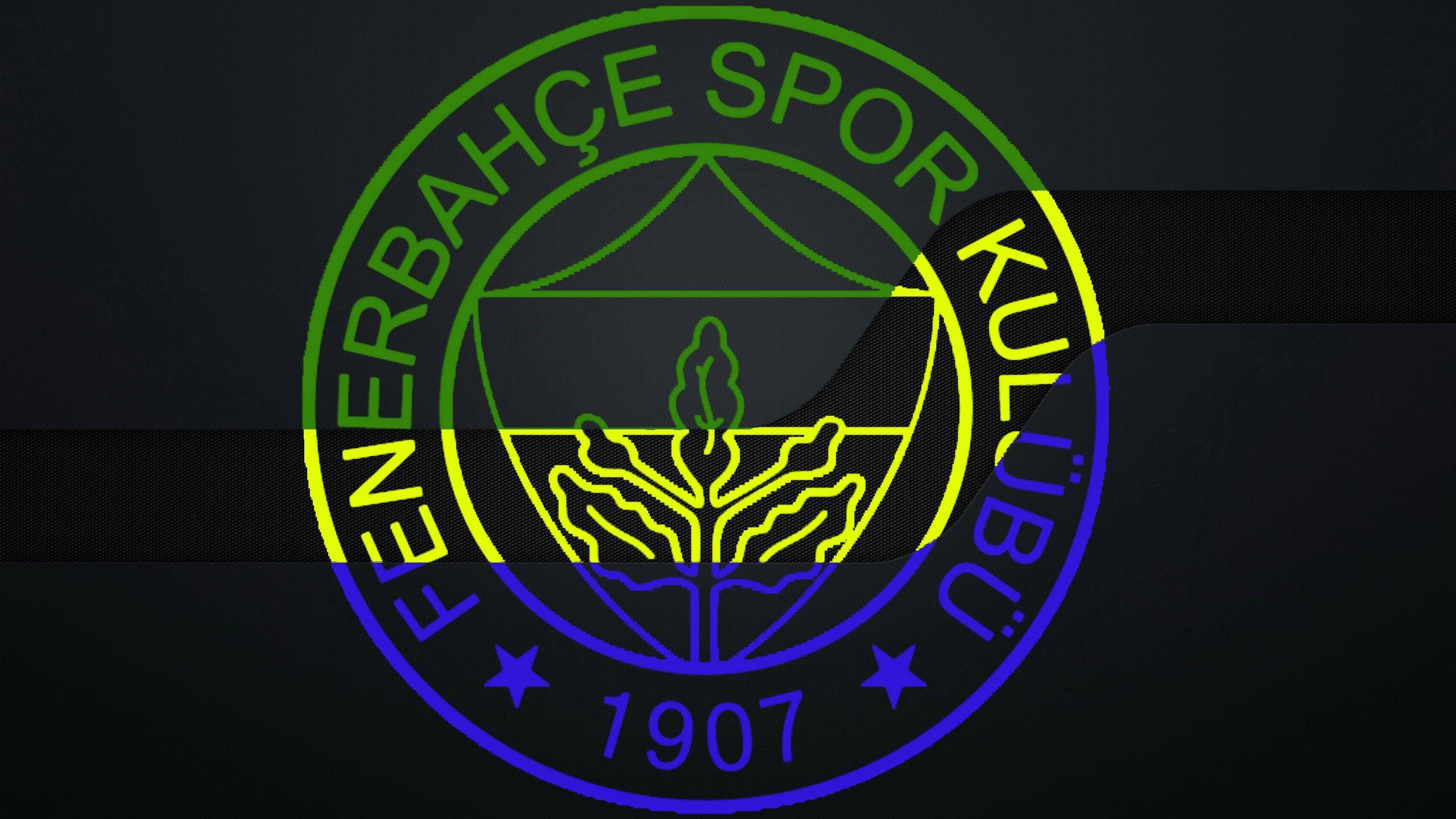 Fenerbahce 桌布 壁紙 — Fenerbahçe Spor Kulübü 標誌在深色紋理背景上發出霓虹綠、黃和藍光。