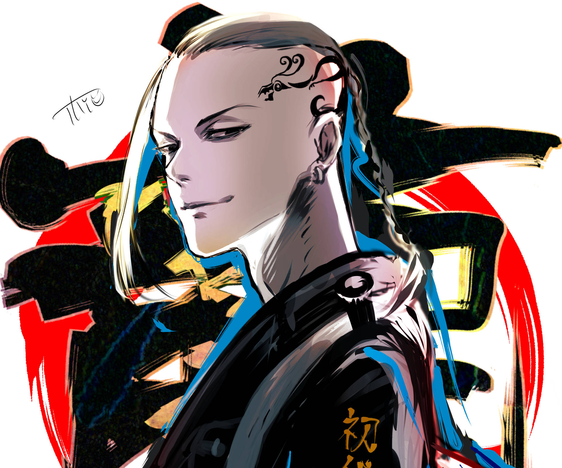 動漫角色，帶有紋身和傳統服飾，背景為紅色和黑色。 — 龍珠 Tokyo Revengers 壁紙