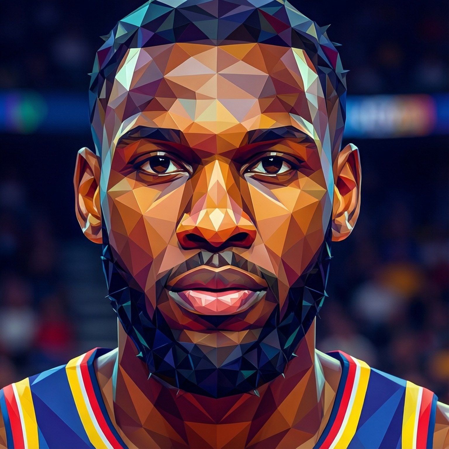 Low-Poly Geometry 壁紙 — 一個風格化的幾何肖像，描繪一位身穿藍、黃、紅色球衣、目光專注的籃球運動員。