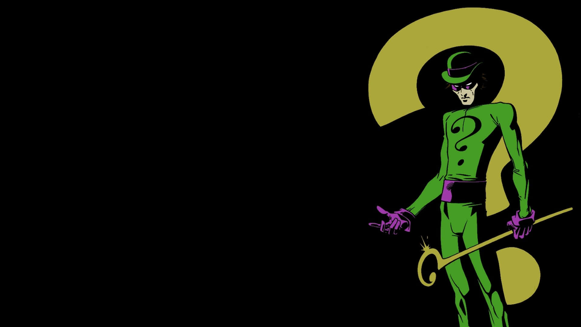Riddler 桌布 壁紙 — 一個風格化的綠色西裝謎語人站在黑色背景前，身後有一個巨大的黃色問號。