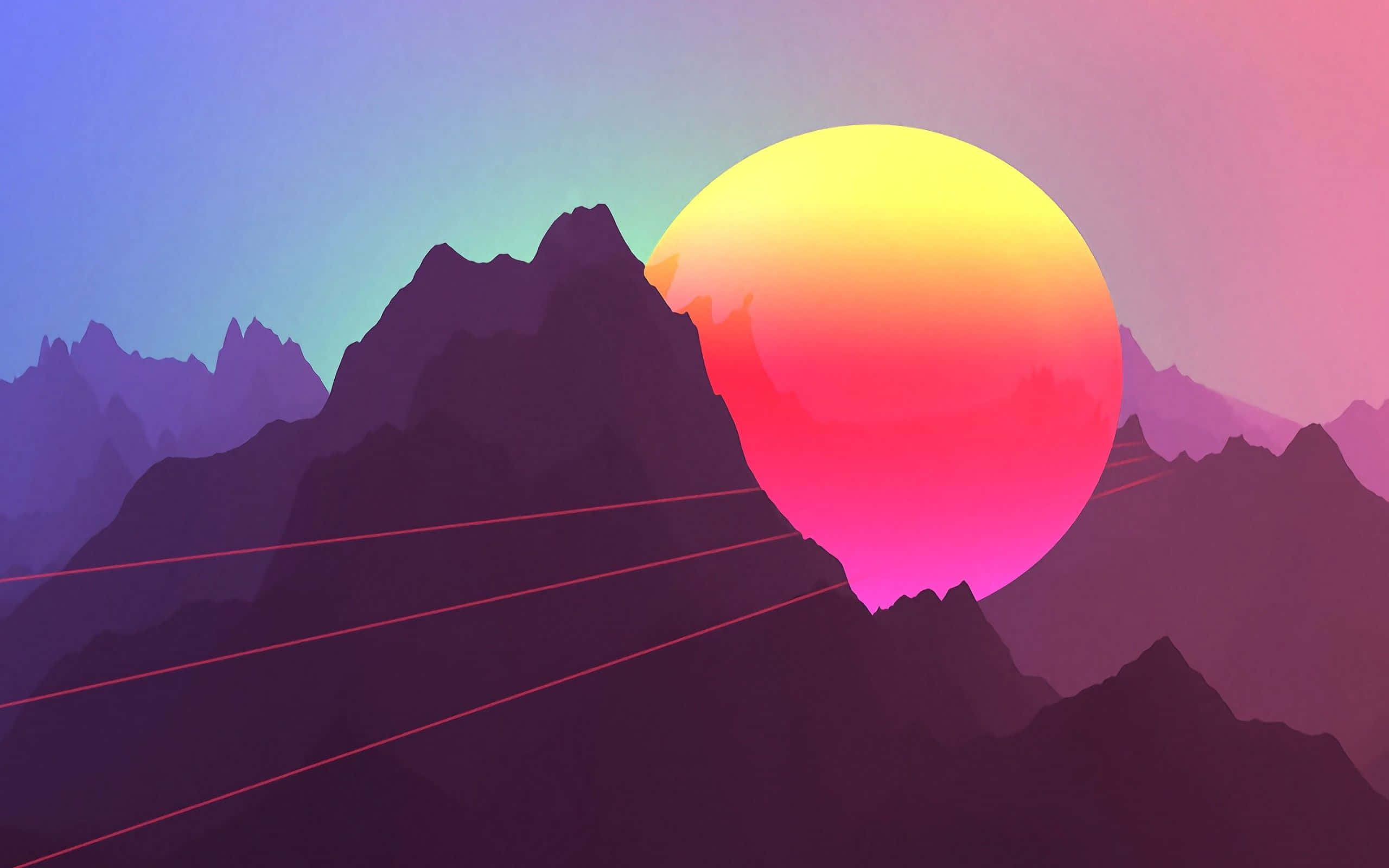 Sunset Painting 桌布 壁紙 — 風格化的日落，紫色山脈上方有巨大的漸變太陽和發光的紅色雷射光束。