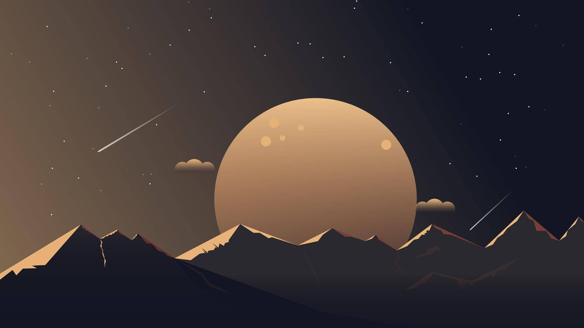 夜晚，山頂在發光的月亮和流星下。 — 美學藝術 壁紙
