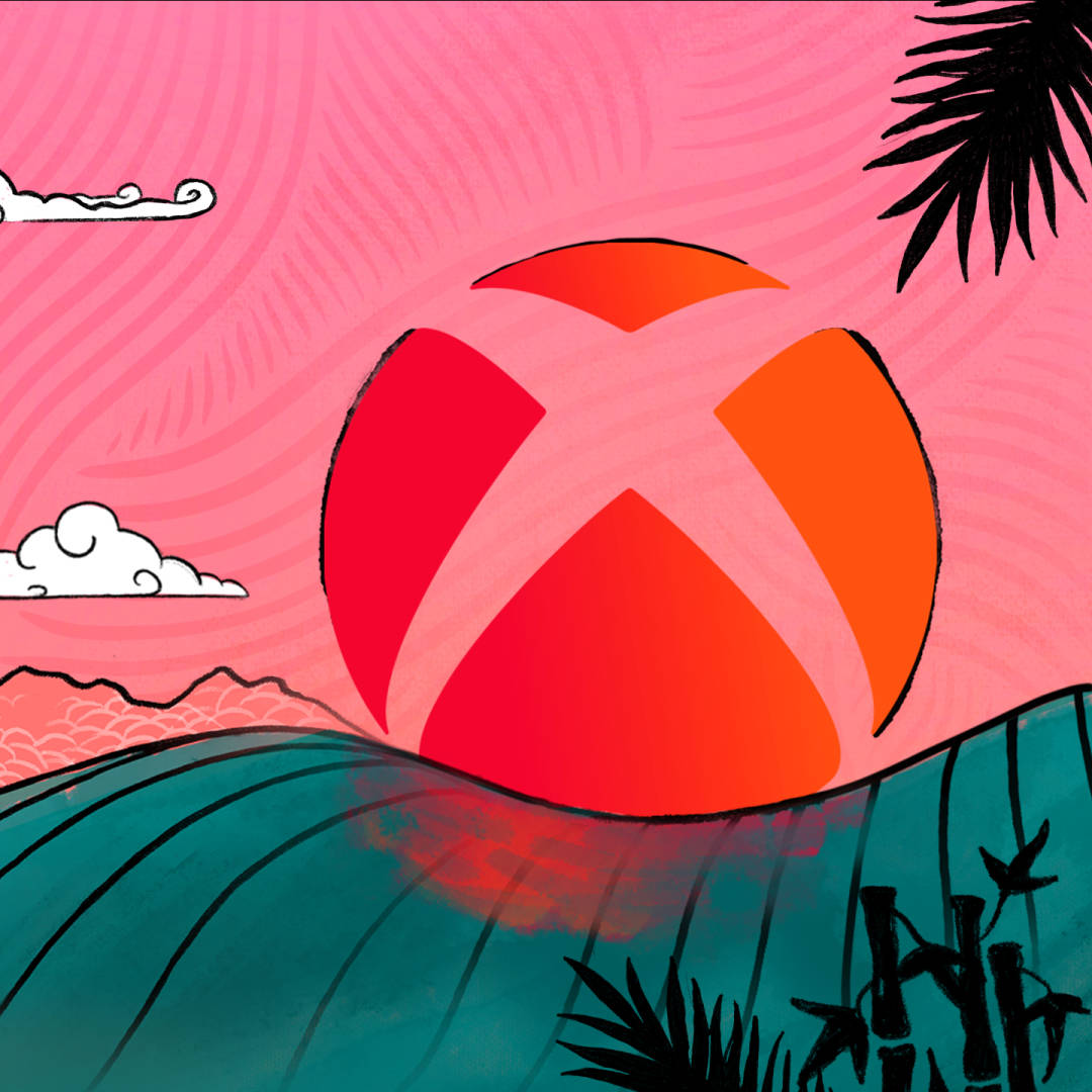 Xbox標誌如同夕陽落在海浪和棕櫚樹上。 — 1080P 壁紙