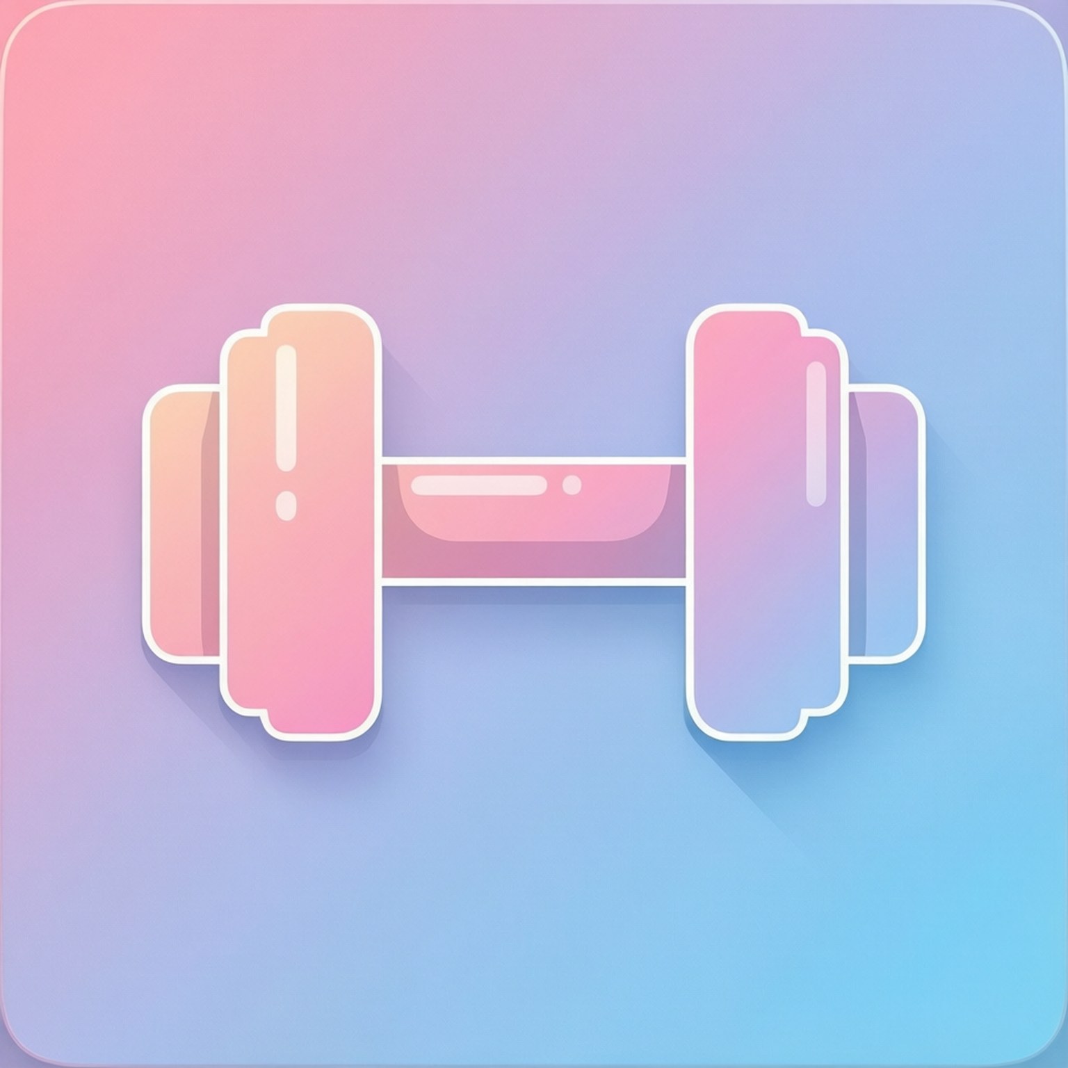 Weights 桌布 壁紙 — 一個風格化的啞鈴，帶有粉紅色和藍色的柔和漸變色調，在柔和的漸變背景上投下長長的陰影。