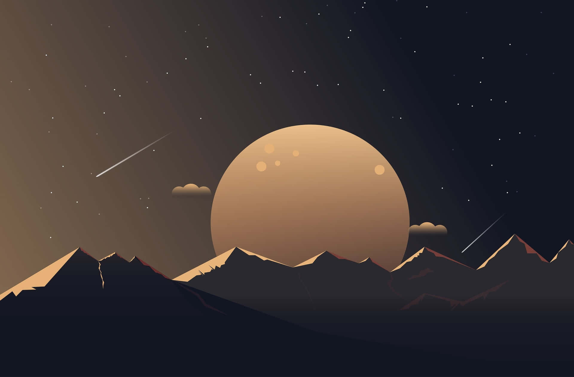  壁紙 — 一個風格化的夜景，一顆巨大的發光行星在鋸齒狀的山峰後面升起，星空中有流星。