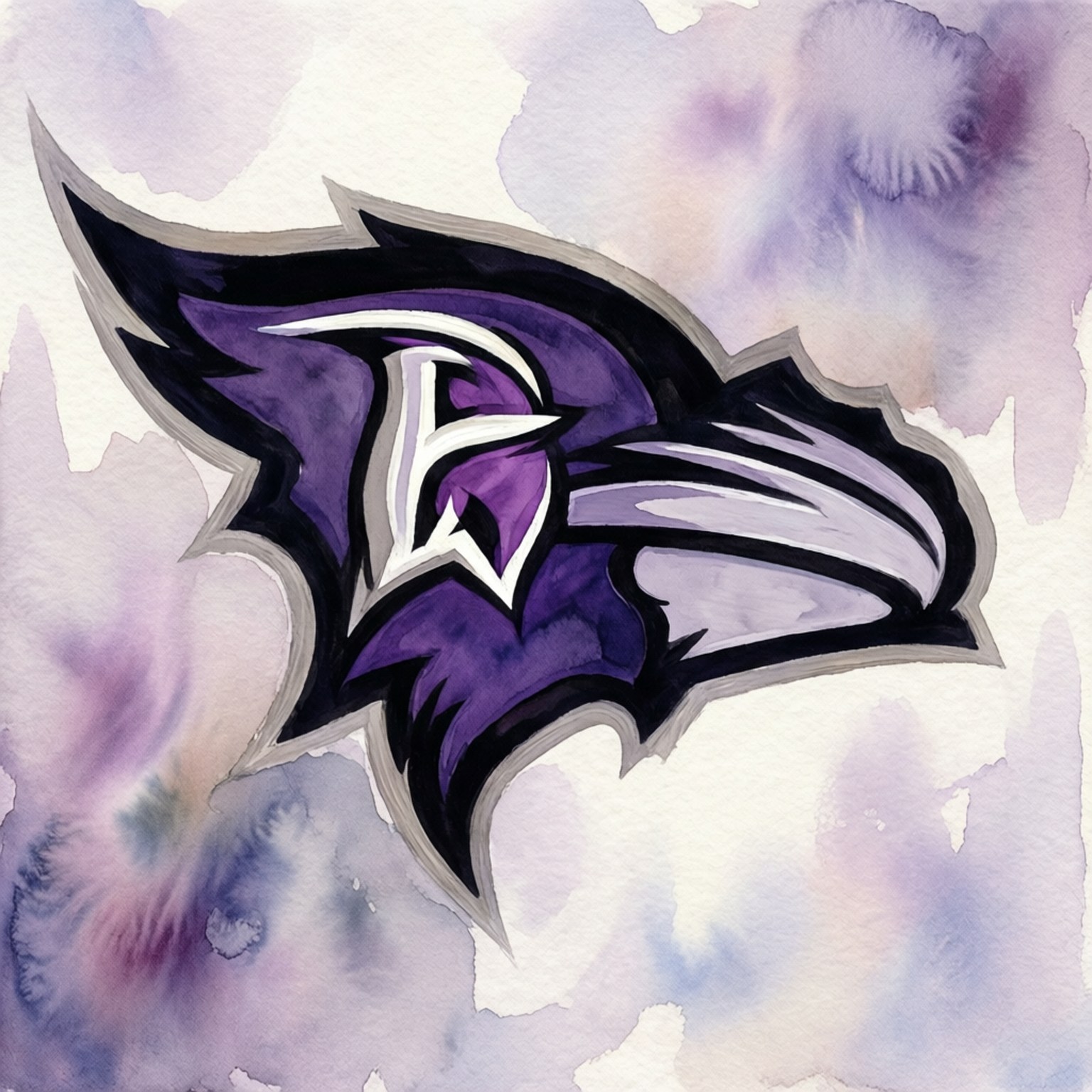 Watercolor Ravens 壁紙 — 一個風格化的紫色烏鴉頭標誌，帶有白色和黑色點綴，置於紫色和薰衣草色的柔和水彩背景上。