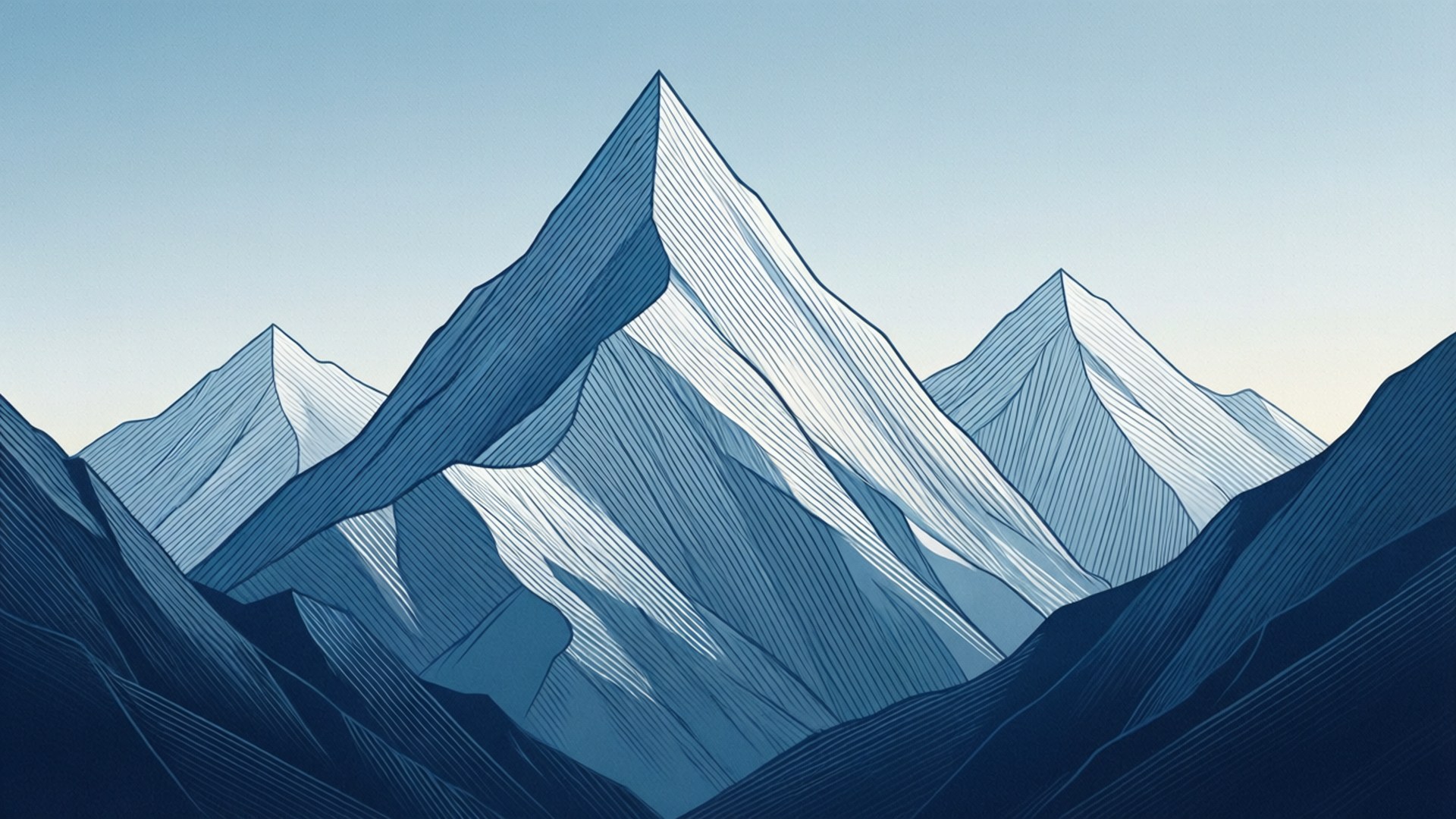 Minimalist Mountains 壁紙 — 在漸變天空下，帶有尖銳山峰和對角線陰影的風格化山脈。